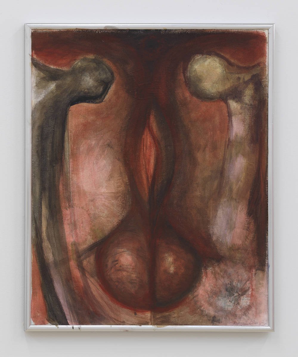 A small abstract painting depicting forms resembling human limbs or genitals in red and brown colors. The painting is in a silver frame. 