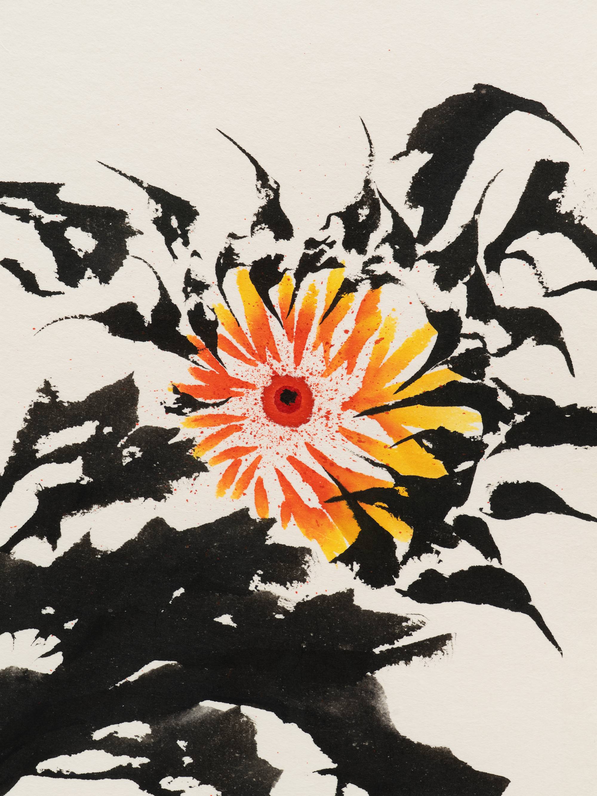 An ink painting on white paper of a small red-orange surrounded by expansive black leaves. The mass of leaves and the flower are oriented towards the right of the composition; the leaves extend towards the middle of the composition. The center of the sunflower is a bright red dot with a smaller, dark dot in its center. The shot is cropped so that frame is not visible.