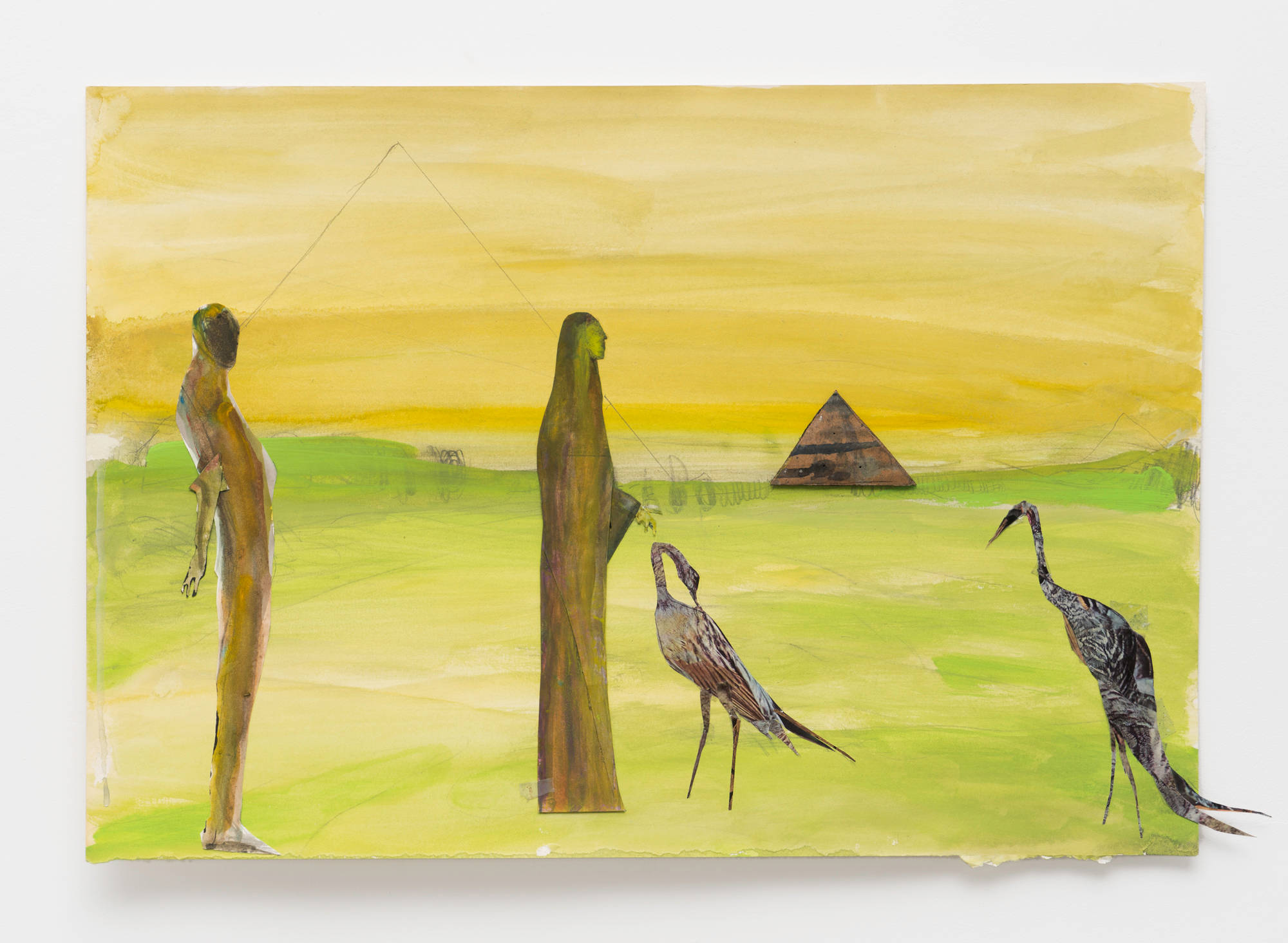 A collage depicting two figures standing before two birds. The landscape behind them consists of a green field and yellow sky. Pyramids can be seen in the background.