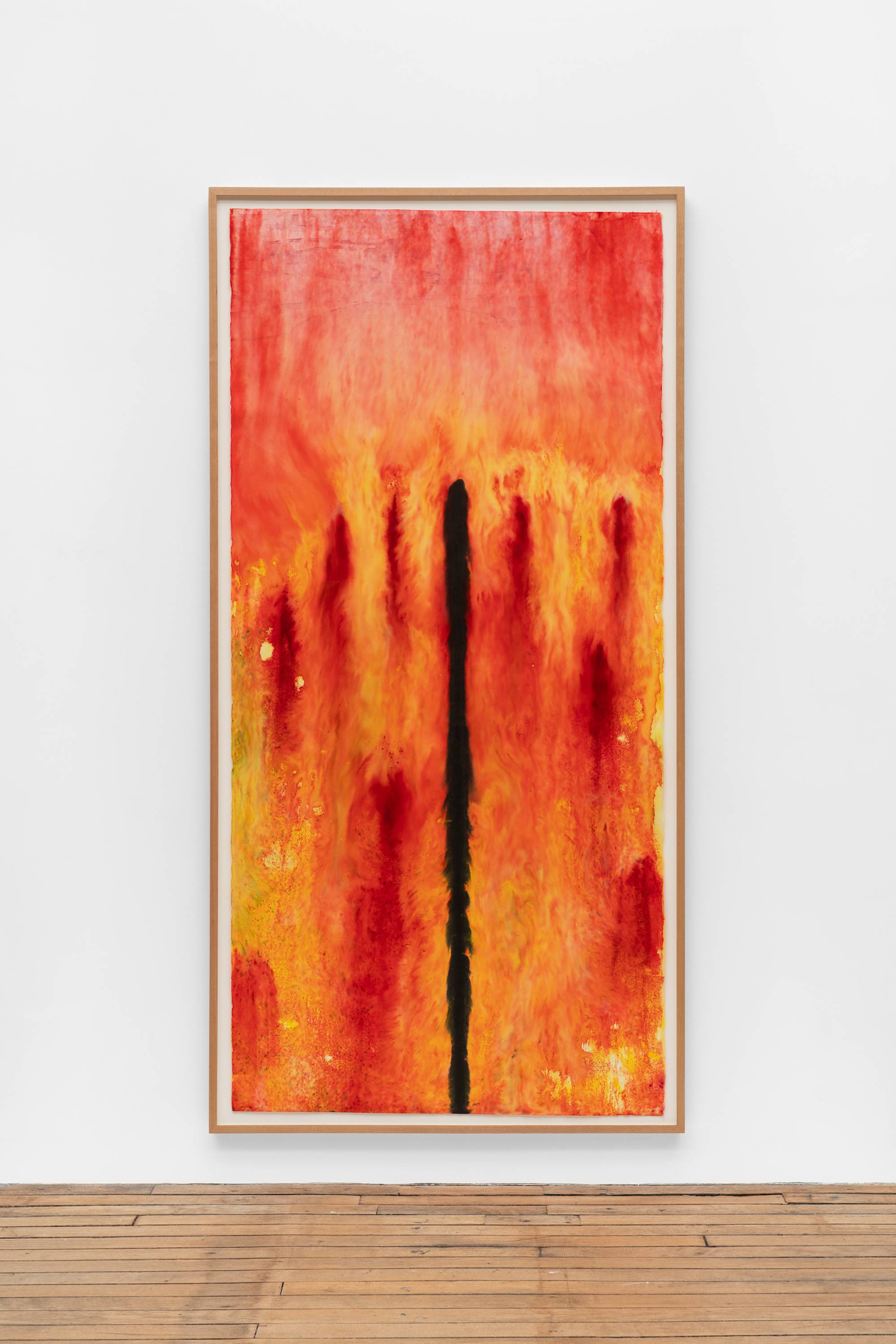 An ink painting comprised of red, orange, yellow, and black. The top third of the composition is a wash of red. The bottom two thirds of the composition are pierced by a vertical black line extending from the bottom of the composition, which is surrounded by splotches of dark red. The frame and the wall the work is mounted on is visible in the shot.