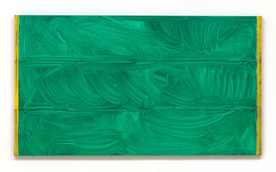 A horizontal abstract painting with a brushy green surface. On the left and right edges are yellow bands of color. 