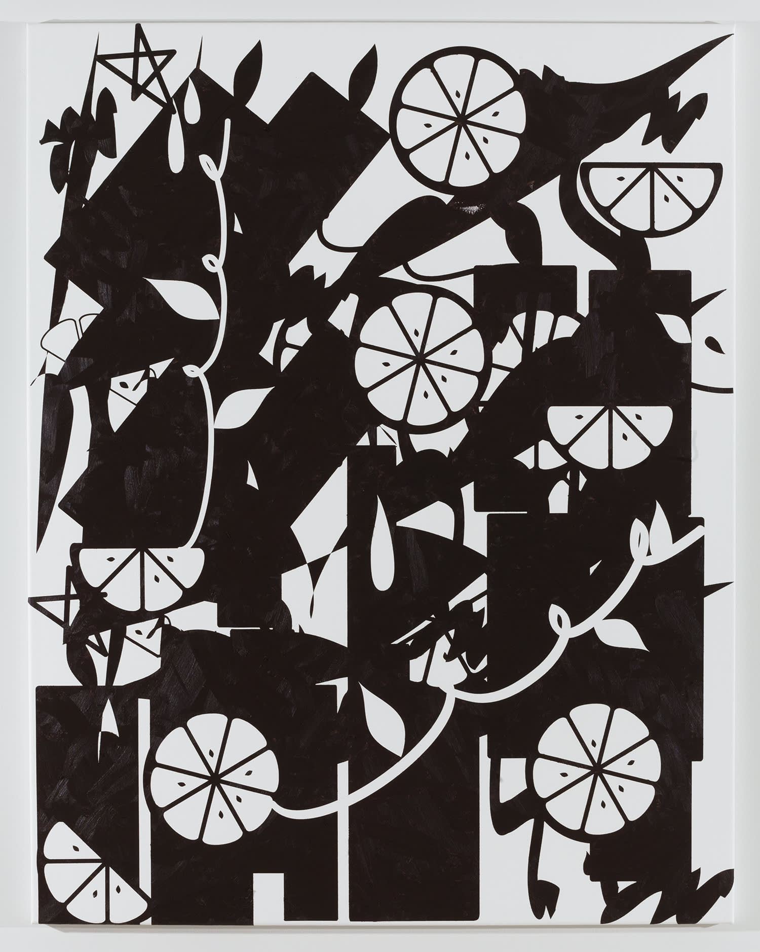 A graphic oil painting depicting a pattern of geometric shapes on a white wall.