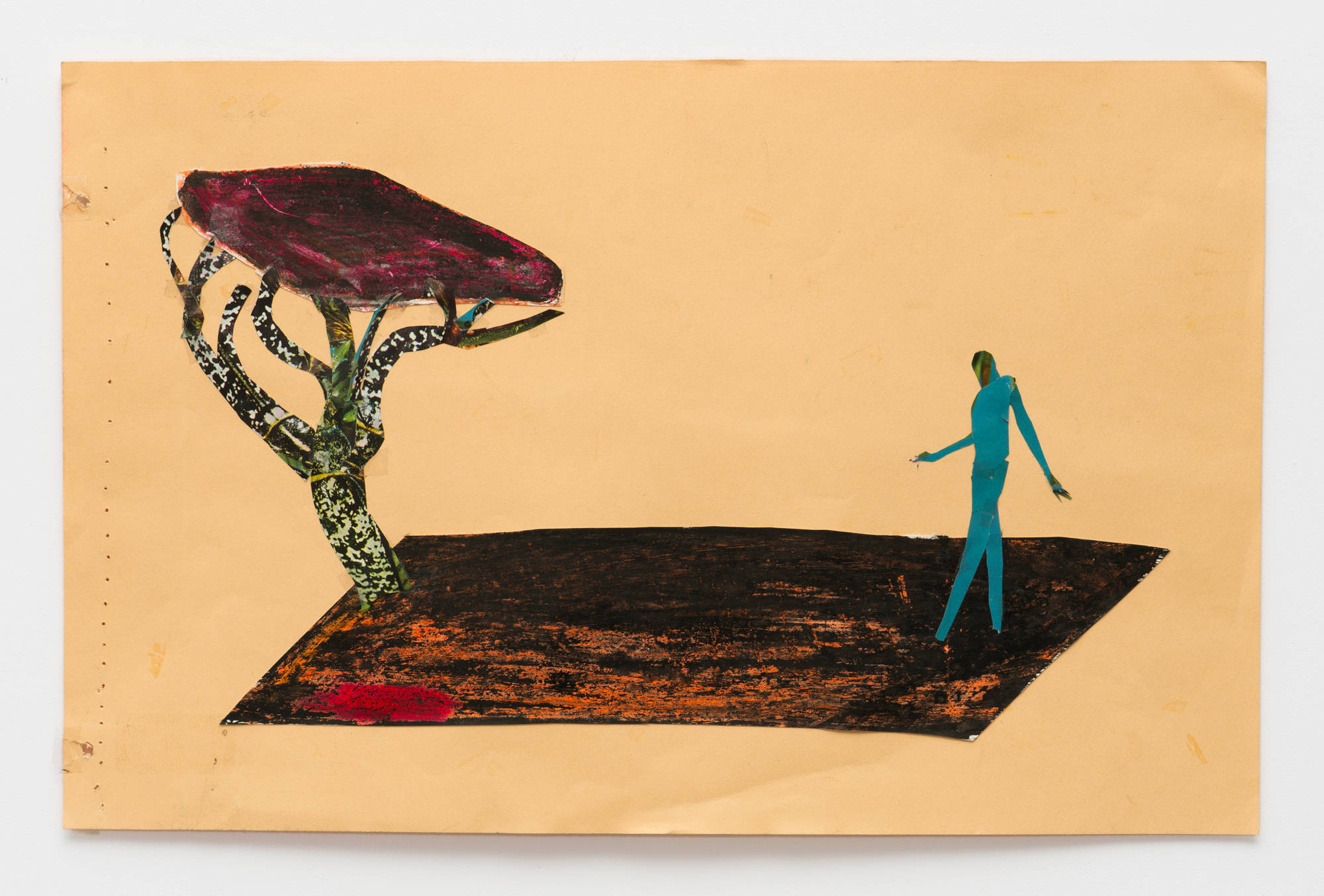 A paper collage depicting a blue figure walking on a large rectangular ground towards a tree with purple foliage. The illustrative elements are mounted to a dark yellow sheet of construction paper.