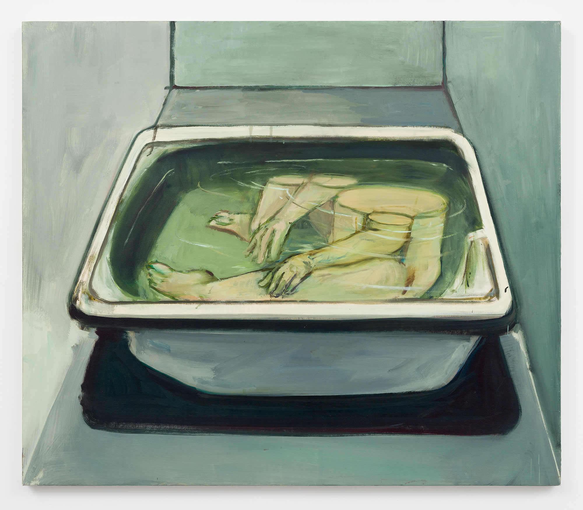 A painting depicting an abstracted torso of a figurine beneath the water of green bathtub.