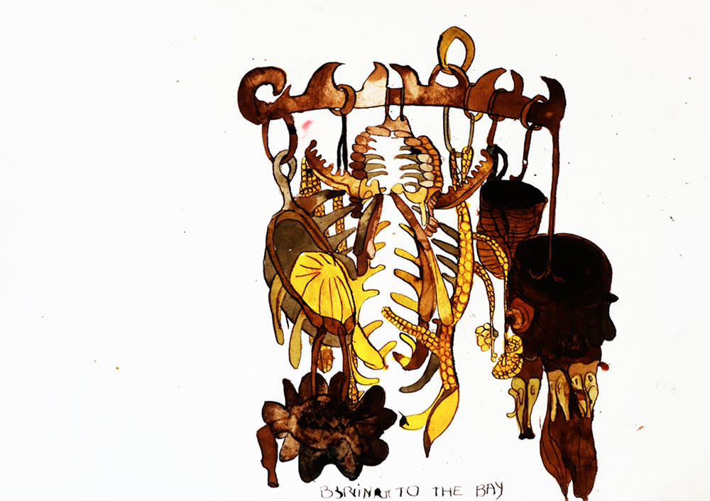Image of a colorful ink drawings by Christine Rebet in hues of brown and yellow. A group of objects, looking like, bones, or dried flowers or chicken feet or seed pods hang from strings off a horizontal rod with spikes. At the bottom it is hand written: 'Bring it to the bay'.