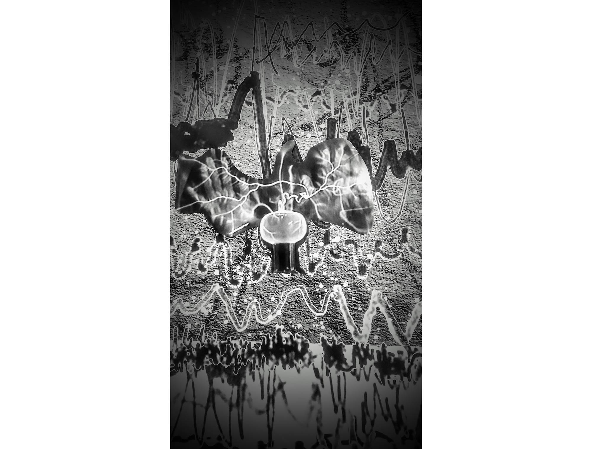 A black and white digital collage of layered and distorted wave forms. In the center of the collage two hands are visible on either side of a tesla coil which is emitted bolts of electric discharge.