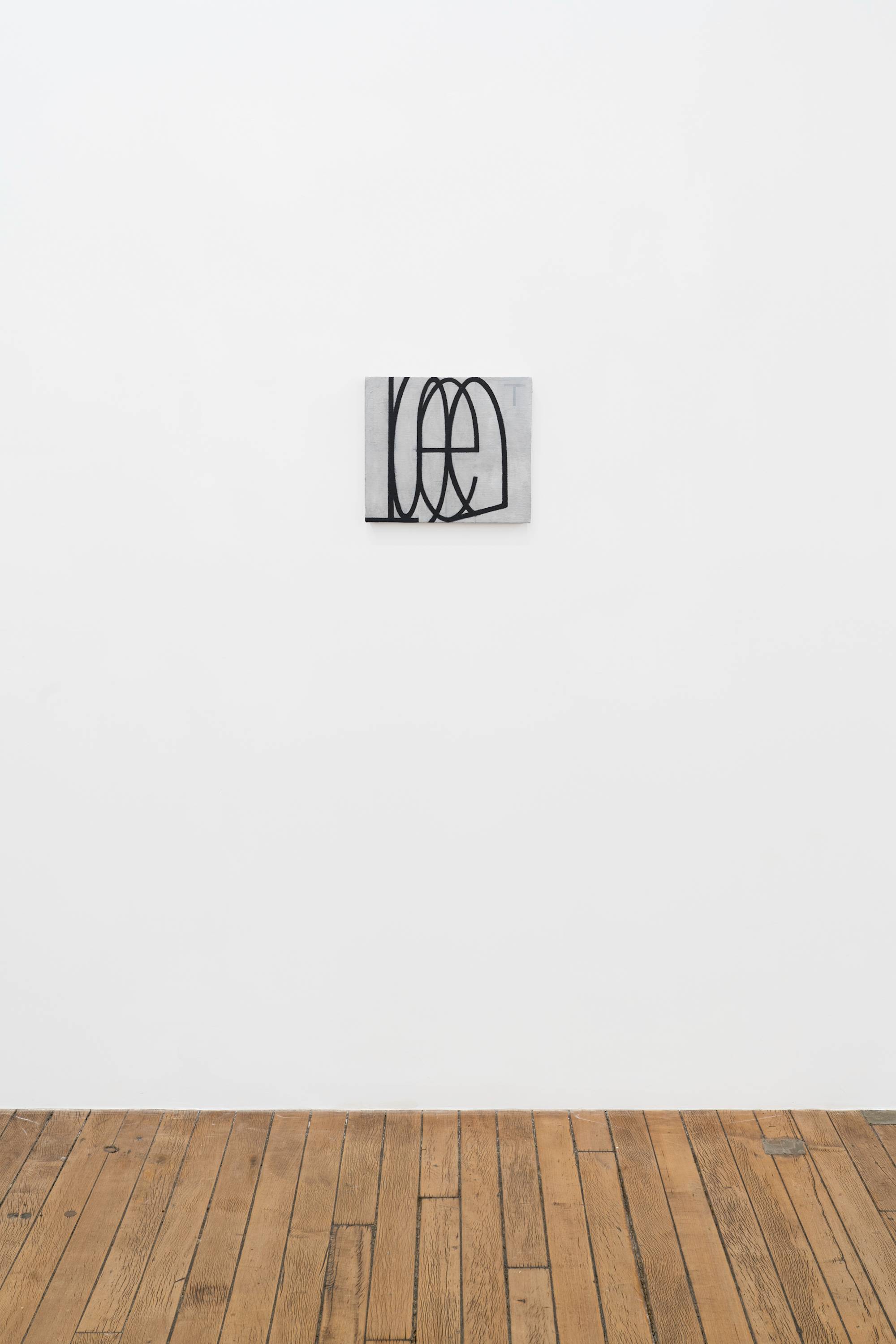 Ian Miyamura painting depicting the letters "T, A, S, T, E" arranged at different sizes and angles on a light grey background hangs on the wall of a gallery.