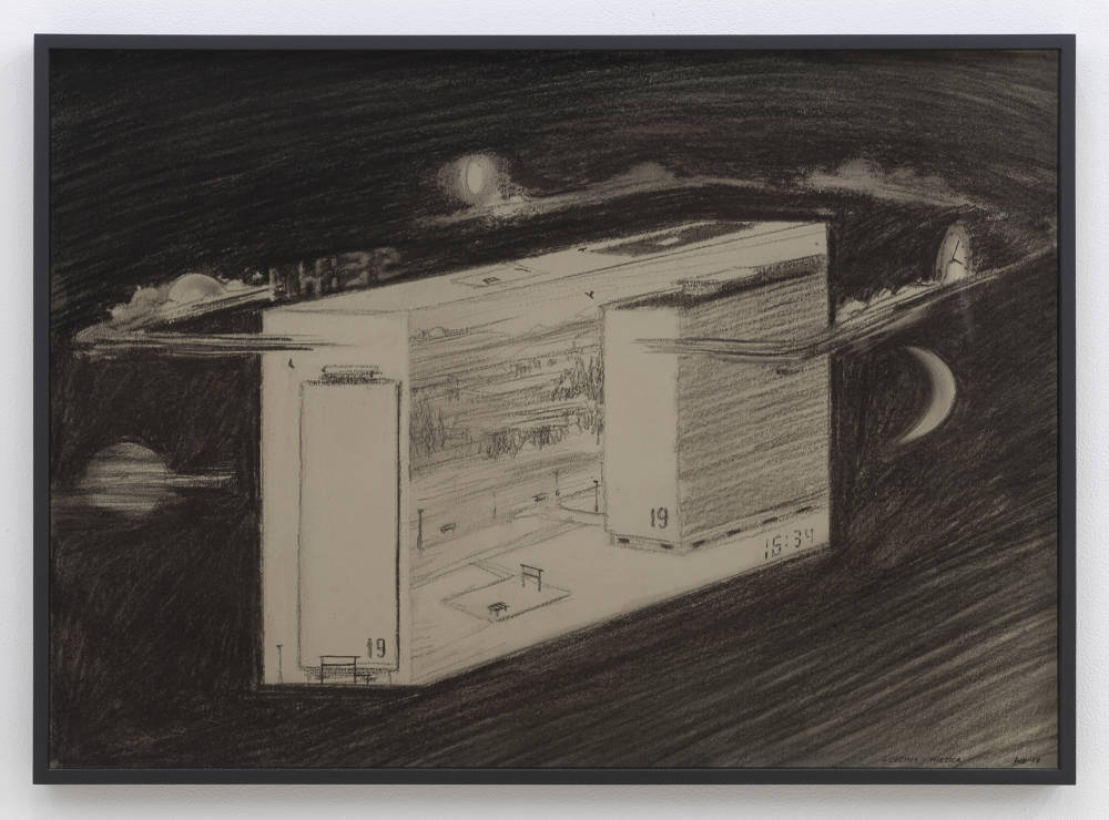 Image of a graphite drawing within a black frame, the glass is tinted an amber hue. What appears to be an apartment block is floating in the center of the image against a dark background, with clouds and images of moons circling the block.