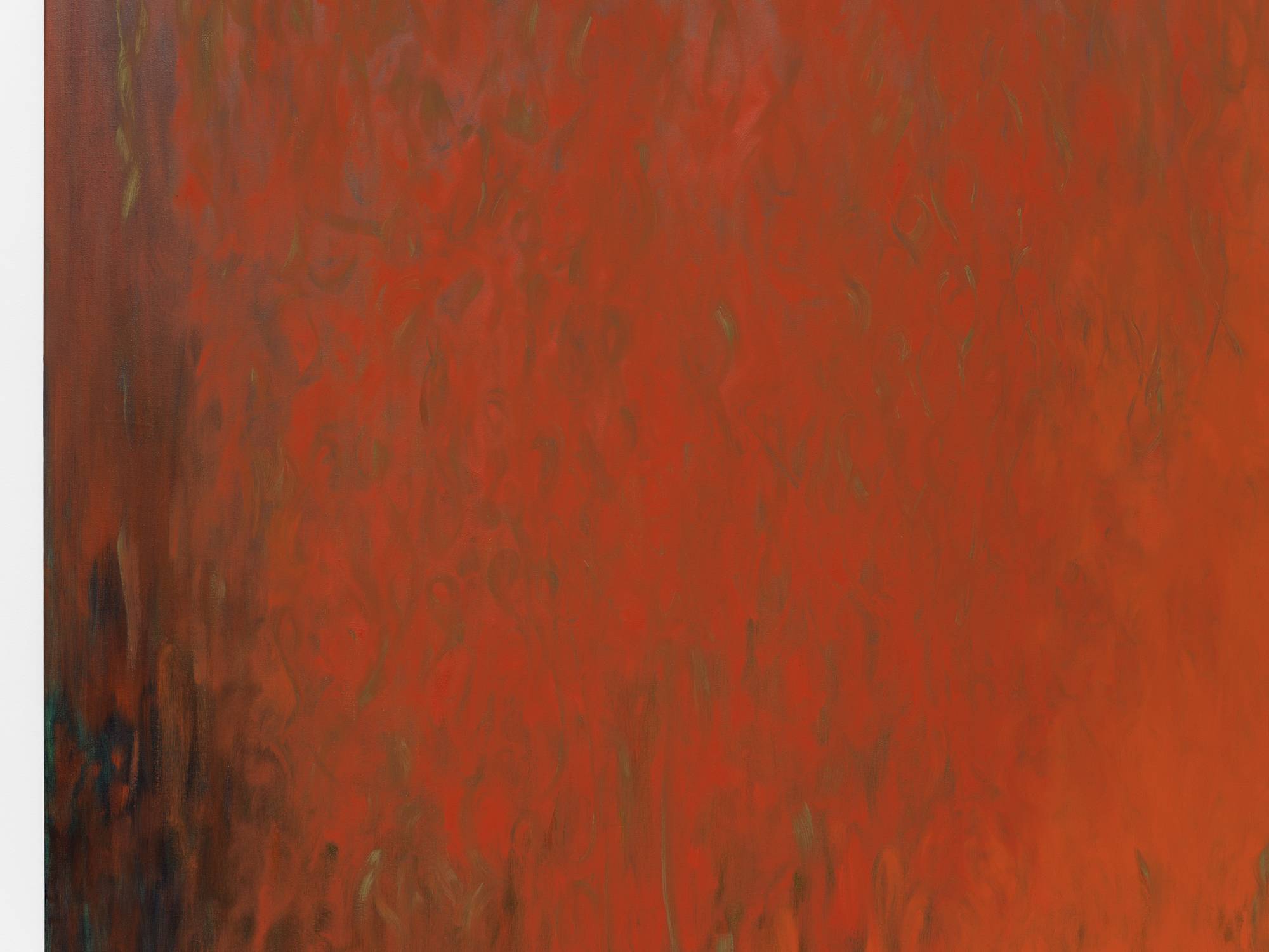 Detail of a large square abstract painting with a brushy yellow and blue underpainting with red, orange, and black accents.