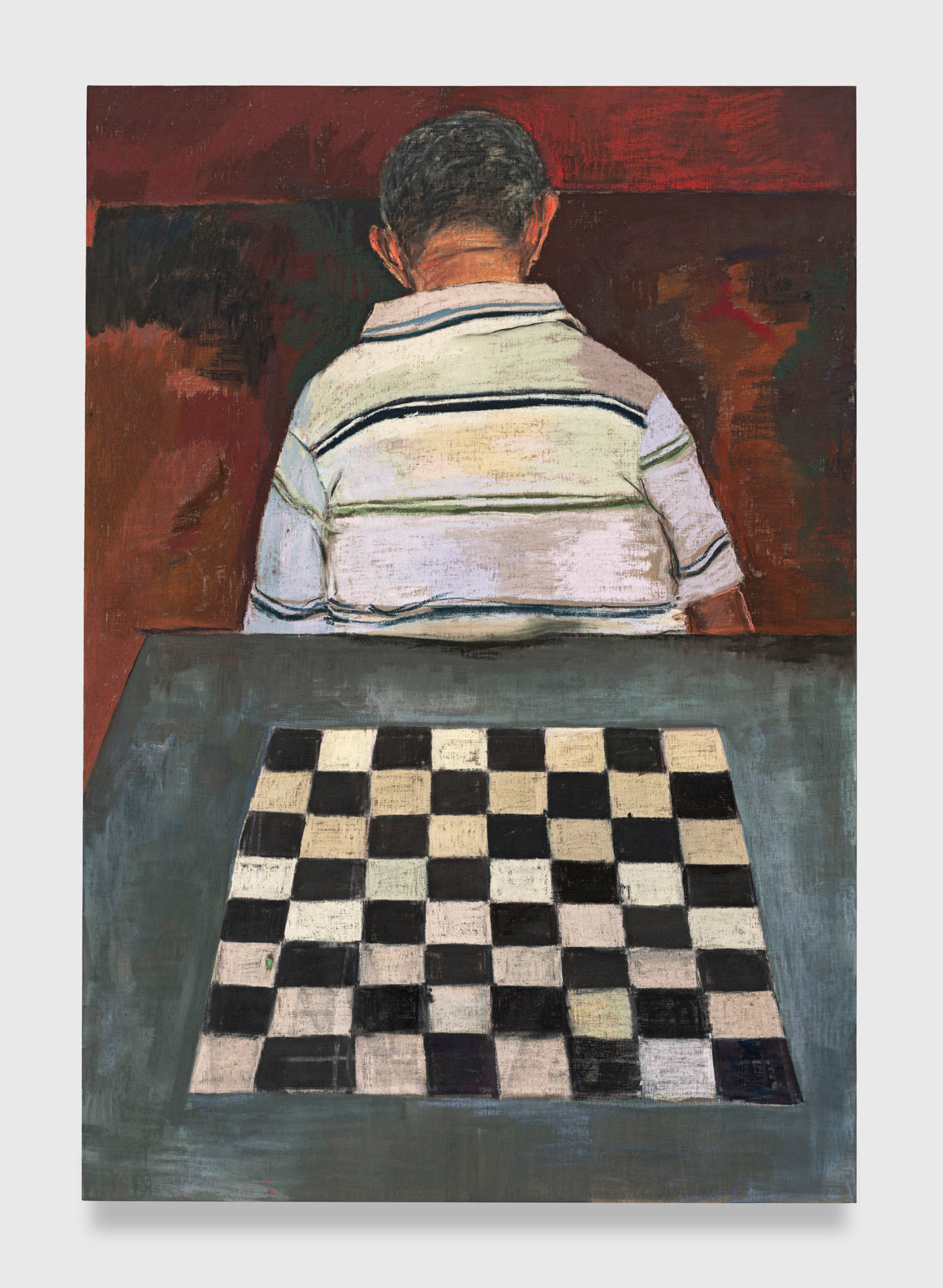 A painting of soft pastel on linen depicts a checker board on a concrete table in the foreground. Behind the table, a figure with short hair stands with their back turned in front of a dark red background. They are wearing a white polo shirt with short sleeves and blue and green stripes.