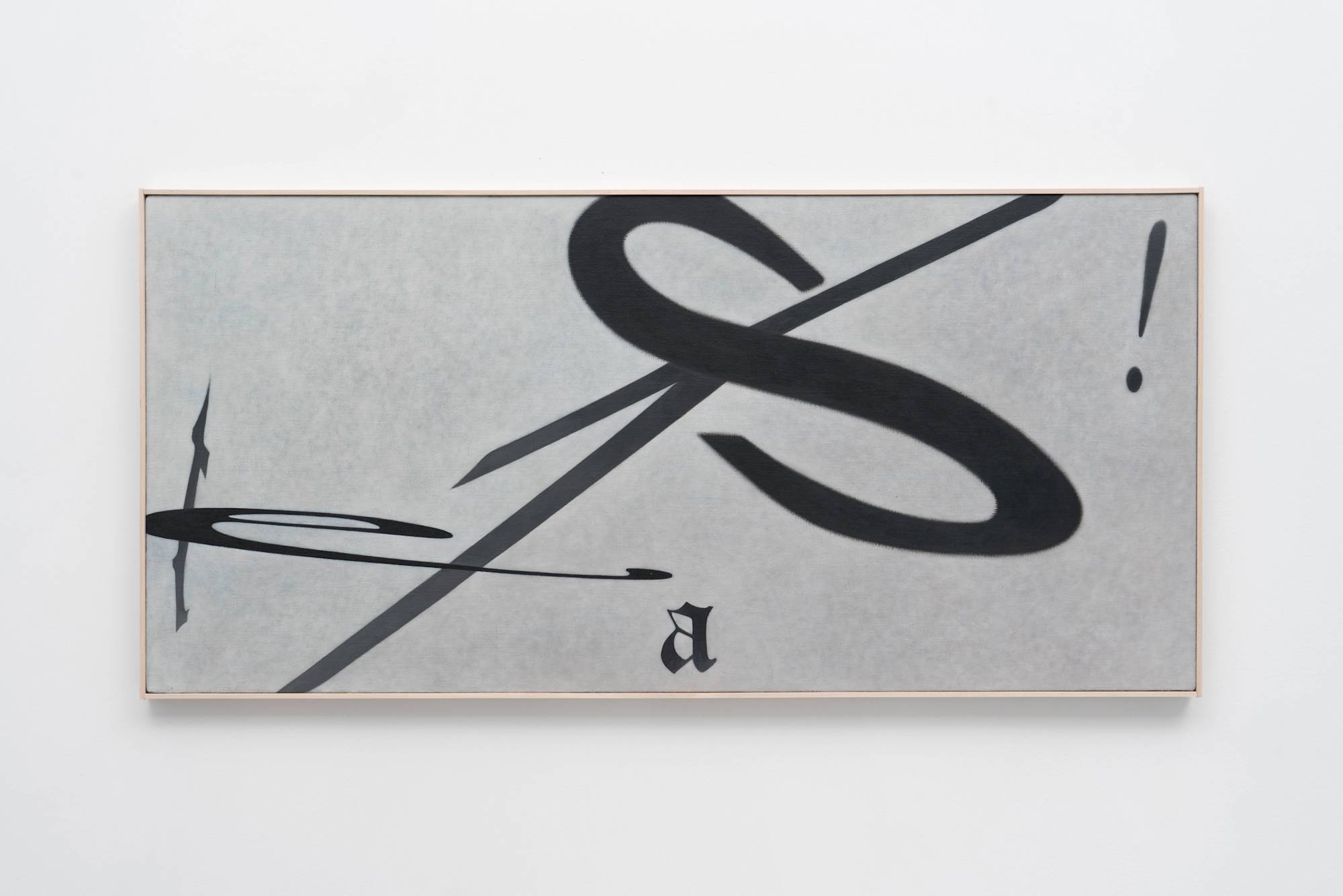Ian Miyamura painting depicting the letters "T, A, S, T, E" arranged at different sizes and angles on a light grey background. The painting is mounted in a wood frame made by the artist.
