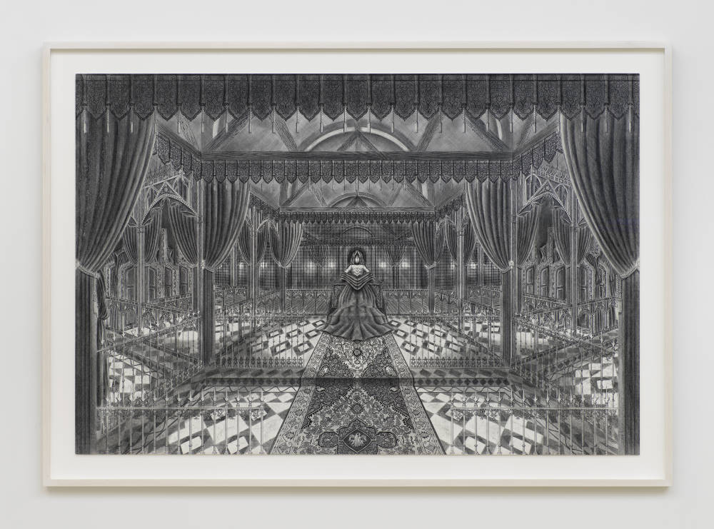A detailed ink and charcoal drawing depicting a complex interior space with multiple rooms in an off-white frame.