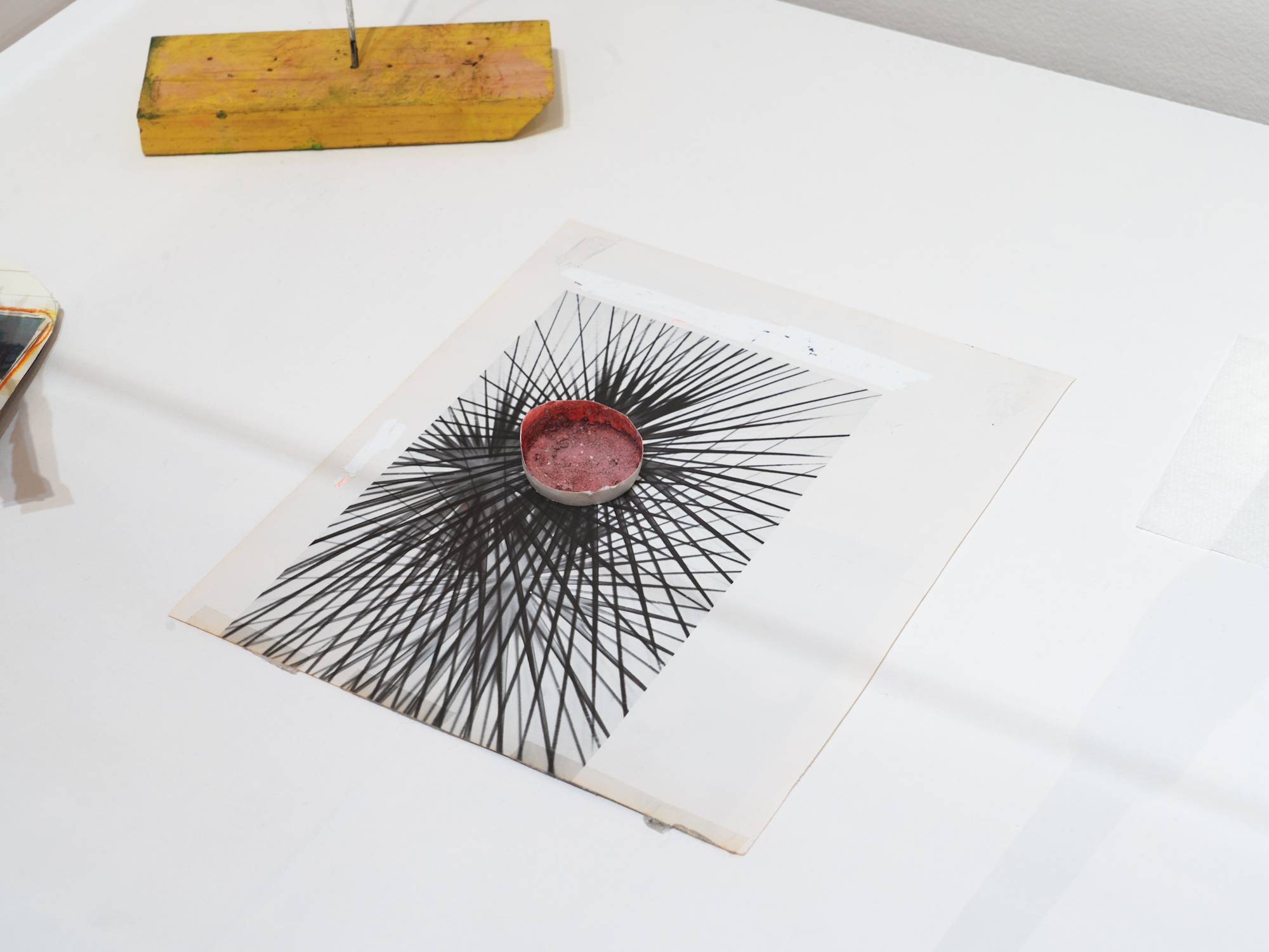 Sun, 2018, Tempera, ink, acrylic, ash, pen, white out tape, and tape on found book page, and paper cup
10 × 8 ¼ × ½ in. (25.40 × 20.96 × 1.27 cm)
