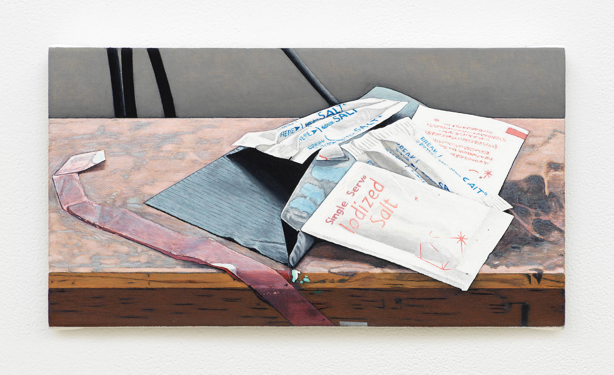 Image of a painting by Caleb Considine that depicts a stack of individual salt packets sitting on a dirty arm of a chair.