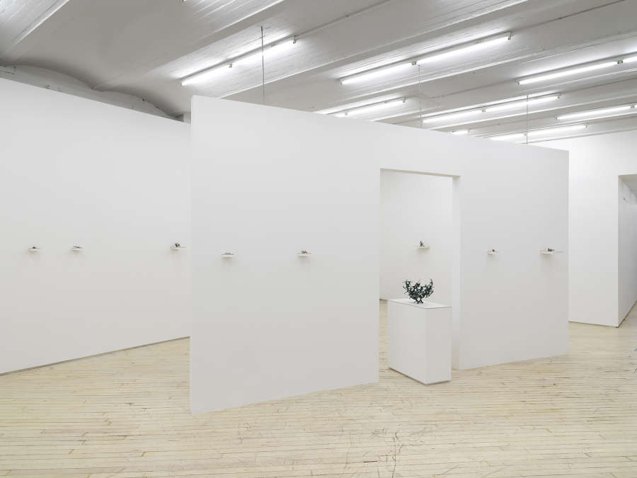In a gallery space, numerous miniature abstract sculptures are hung evenly spaced apart on small shelves installed directly to the wall. In the center of the room is a freestanding diagonal wall with a doorway or passage cut into it. In the center of the frame is a larger abstract sculpture resting on top of a plinth. 