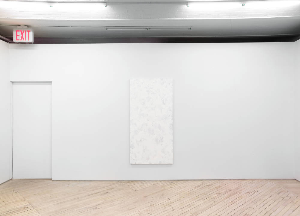 In a gallery space, a large abstract paintings is hung in the center of a large white wall. The painting contains numerous swatches of various colors painted on top of one another. The paint is thin and in some areas dripping.