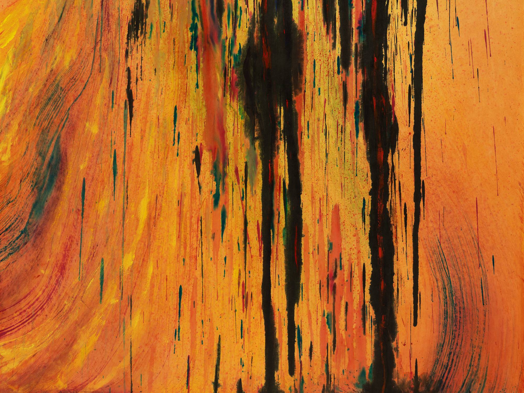 A horizontally oriented close-up shot of an ink painting consisting of a background of washes of yellow to dark orange, with a large splatter of black ink that flows down to the bottom of the composition. There are smaller streaks of green, blue, and red encompassed in the black splatter. The top of the splatter has a lighter yellow surrounding it and radiating outward, halo-like. The close-up focuses on the bottom half of the composition.