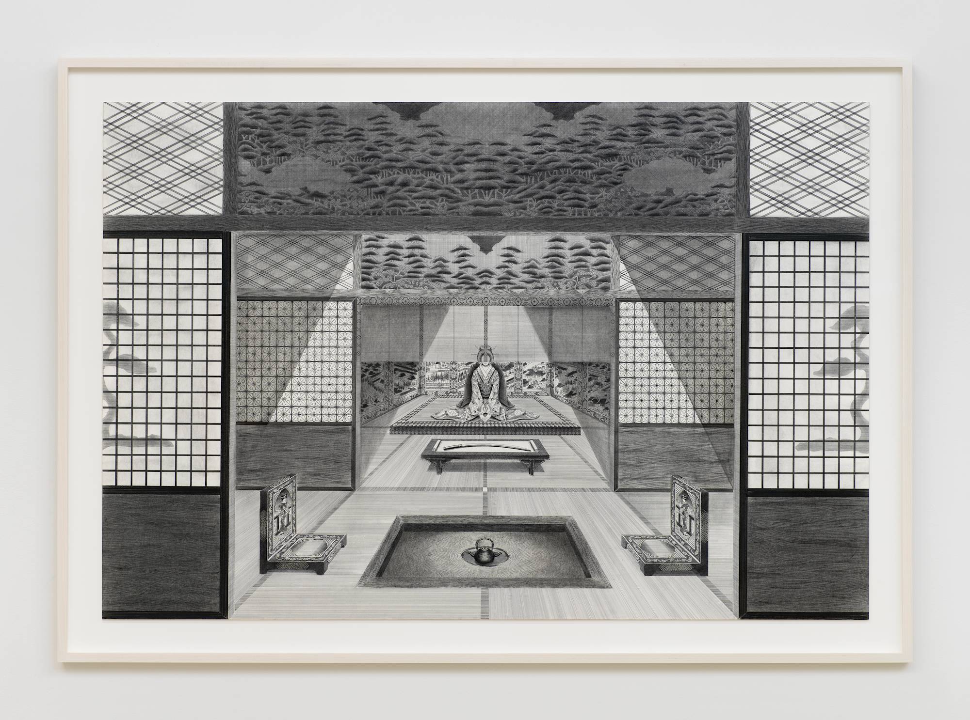 A detailed ink and charcoal drawing depicting a complex interior space with multiple rooms in an off-white frame.