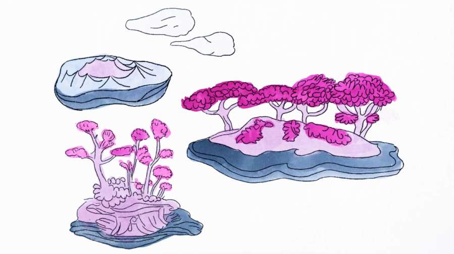 Still image from the animated film Breathe In, Breathe Out showing an ink drawing of purple trees and rocky islands