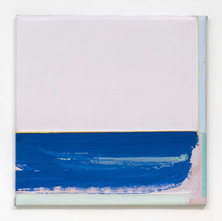 A square abstract painting. The top half is painted a thick white and the bottom half is a thin brushy blue. 