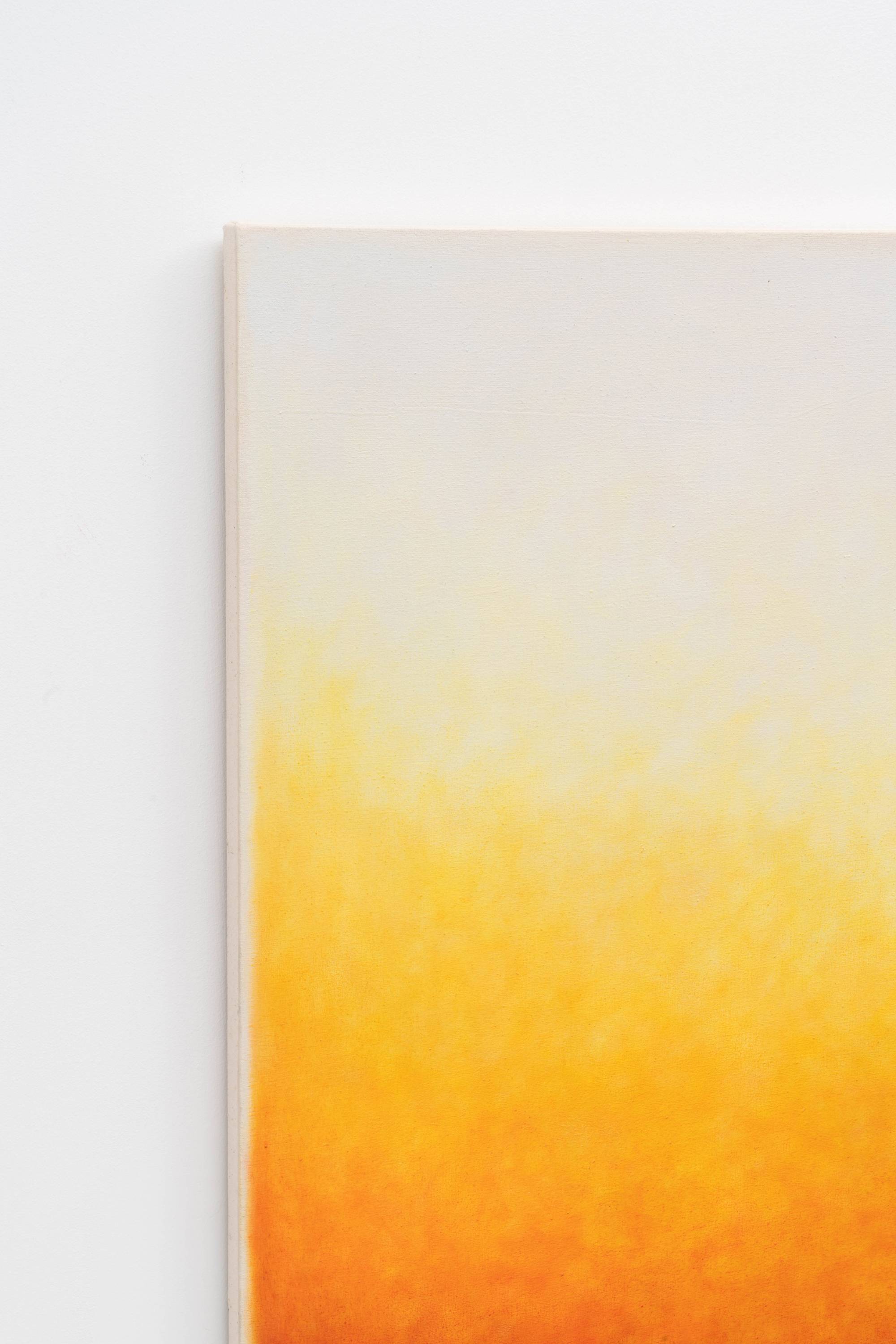 Detail of Ian Miyamura painting depicting a stretched seagull flying to the left against an orange gradient stippled background.