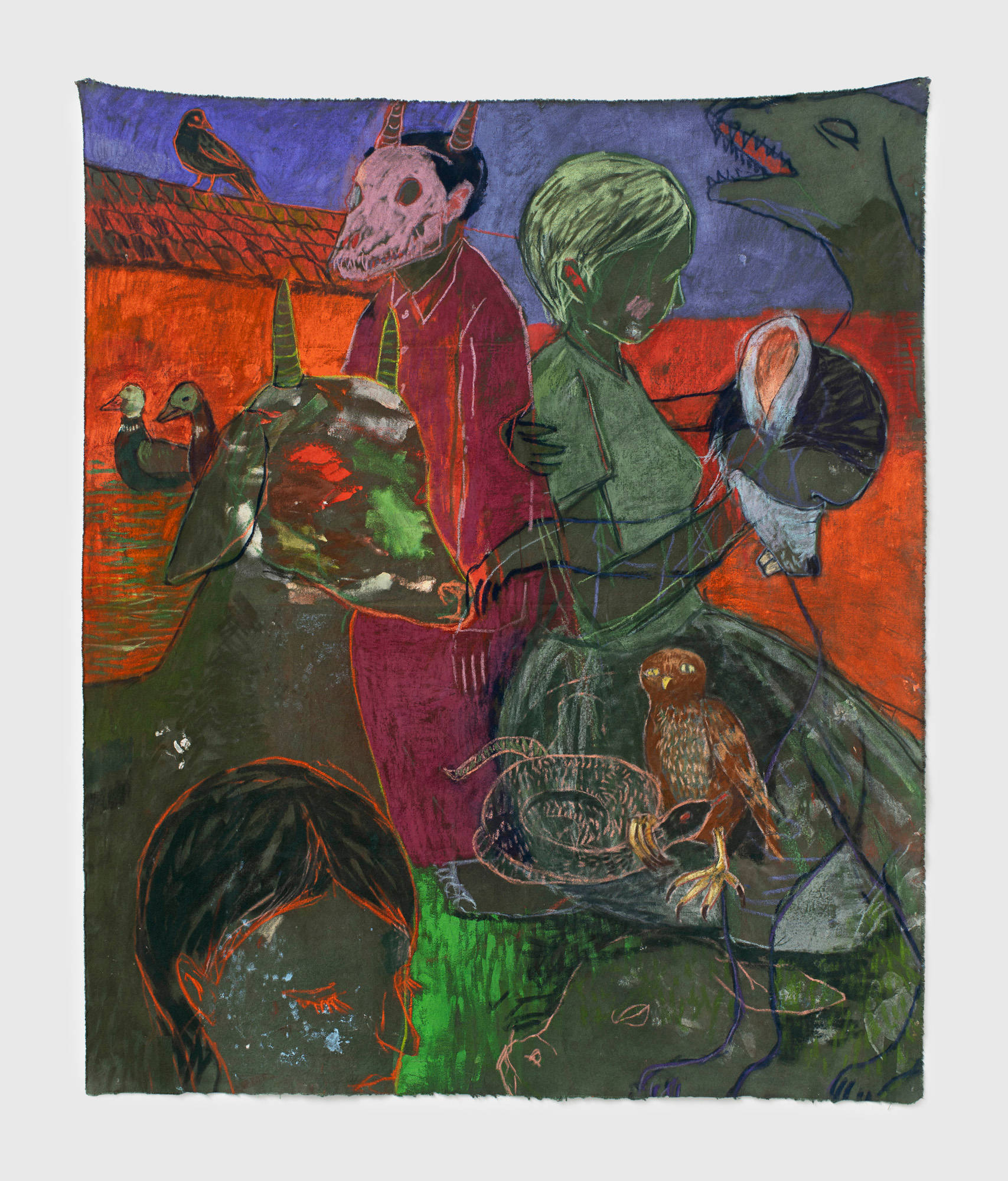 An unstretched painting on army green dyed canvas depicts abstract figures of humans, a mouse head, an owl, goats, ducks, a snake, and a pigeon against a red building and blue sky.