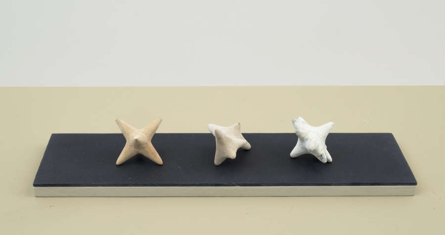 Three abstract sculptures resembling organic material in the formation of multi-pointed stars resting on a dark gray plinth. A white wall is in the background. 