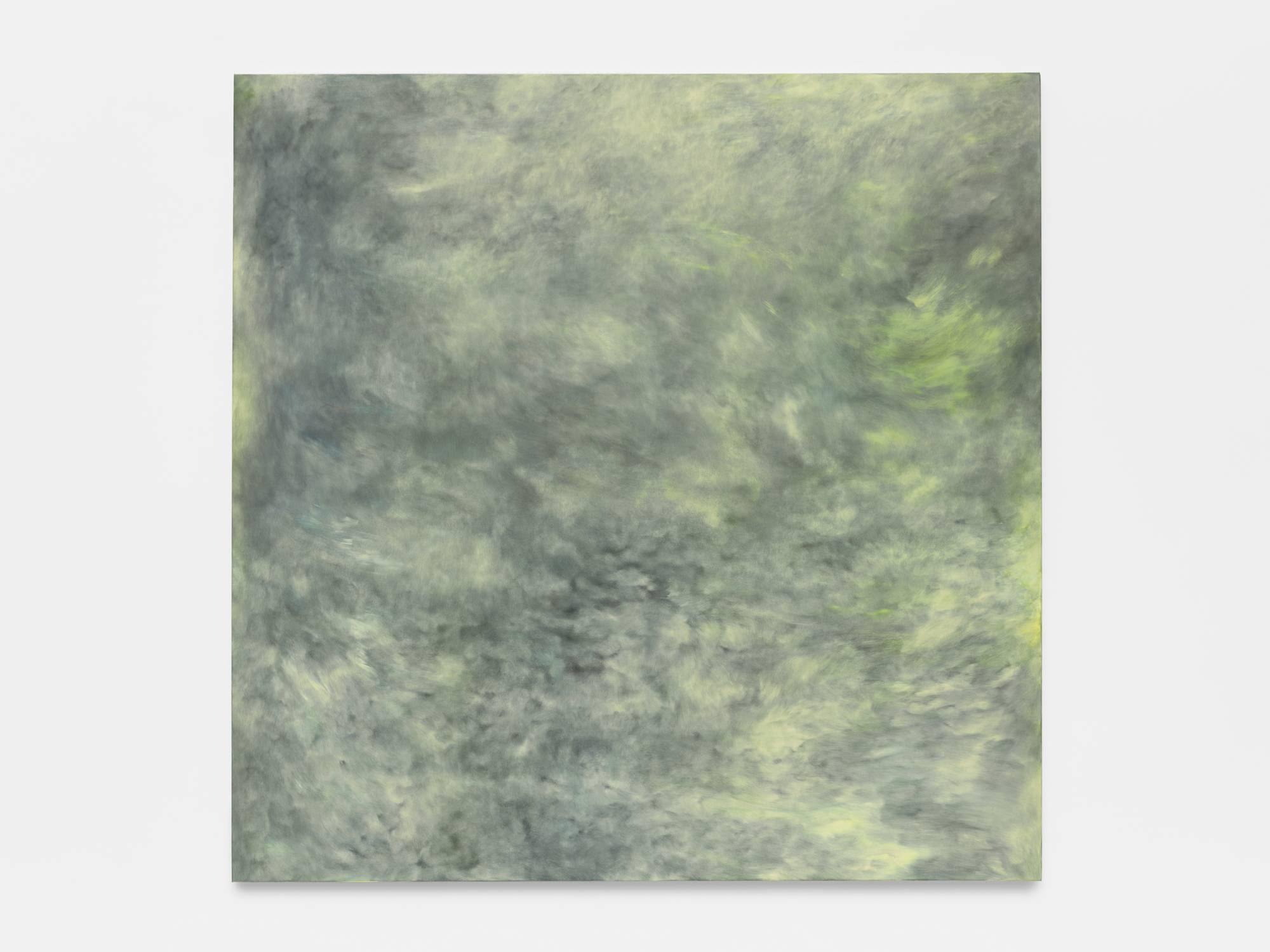 A large square abstract painting with brushy yellow and blue marks that combine to make a mix of green hues.
