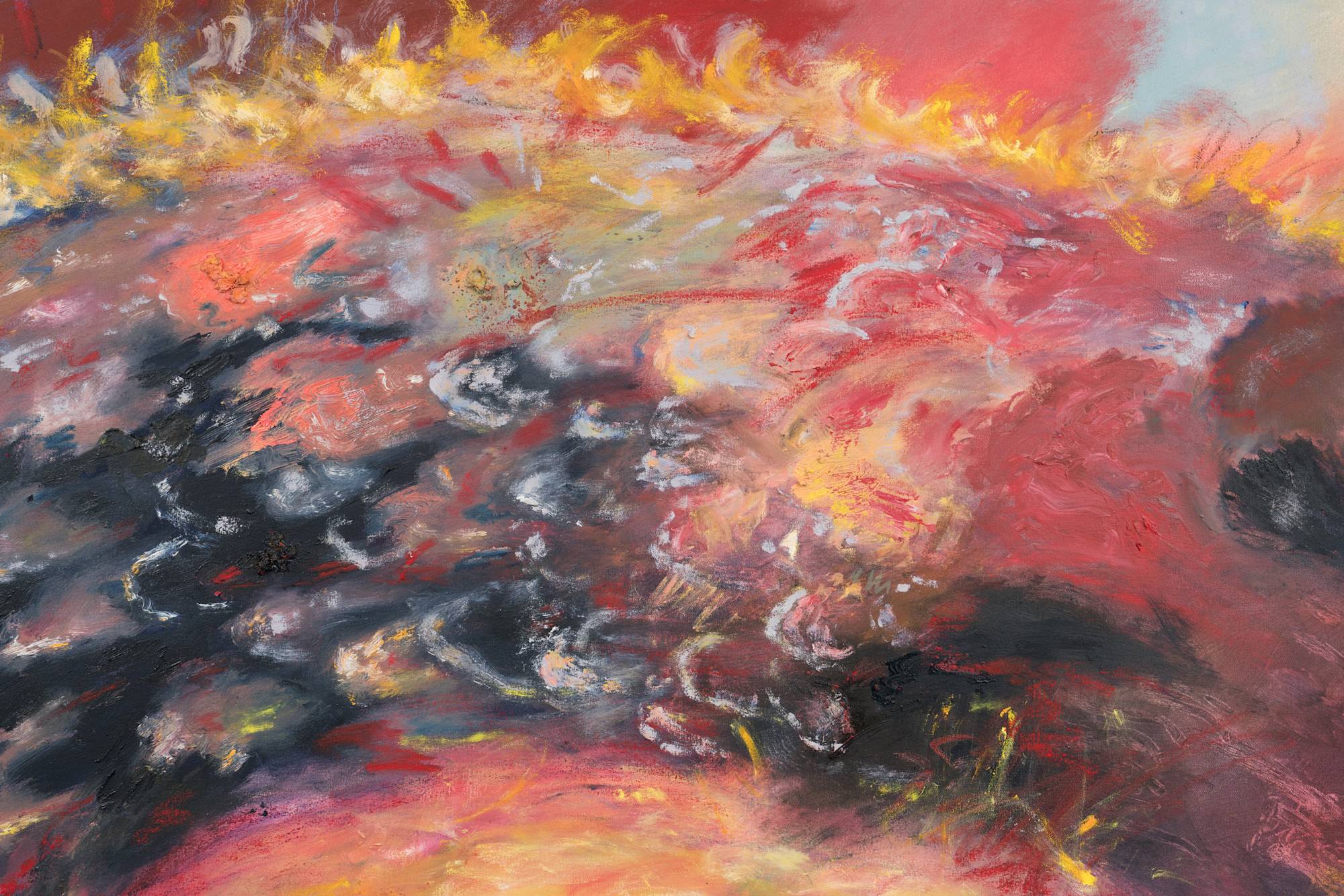 Detail of a large, abstract oil painting of a coiled dragon in hues of gold, crimson, and navy.