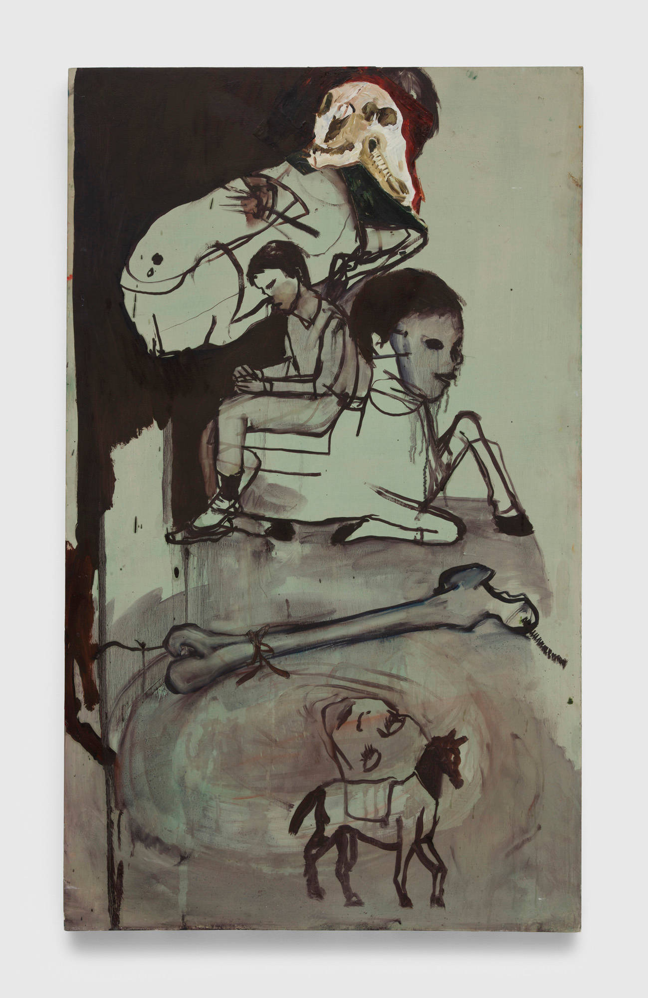 A painting composed of oil on wood depicts human and equine figures in different poses and interactions stacked vertically against a murky green background. A photo of a horse's skull is glued near the top of the painting and traced over with paint.