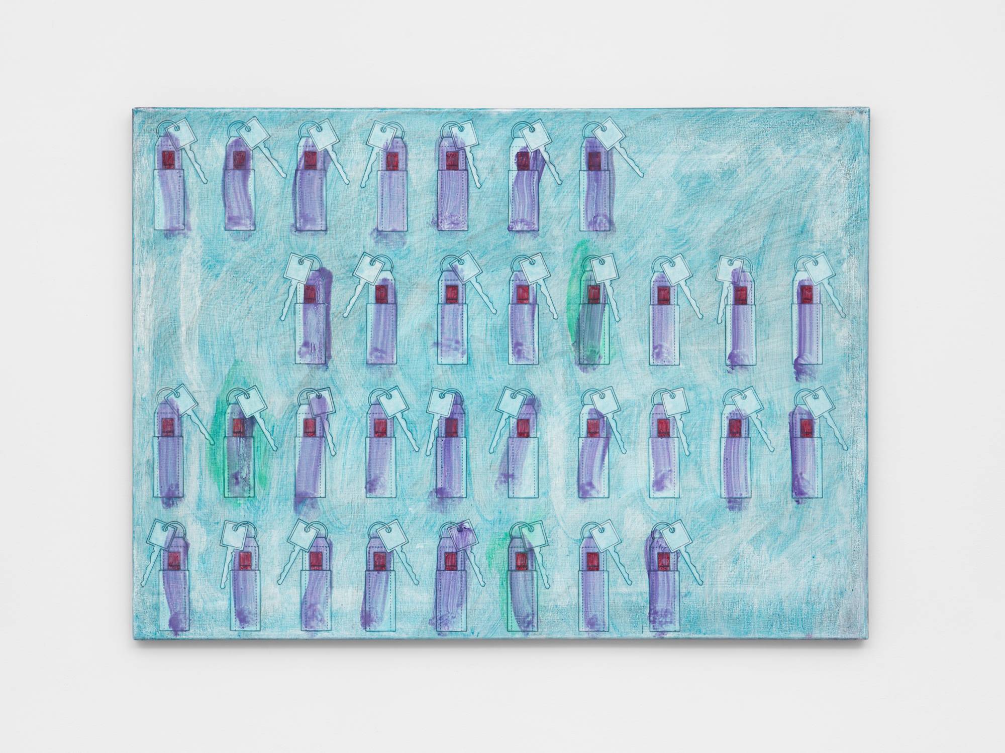 Painting of purple lip balm holder key-chains against a blue background.