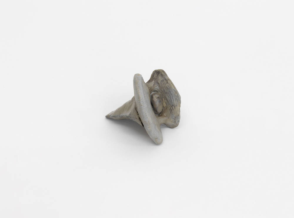 A small abstract sculpture resembling organic material . It is gray. 