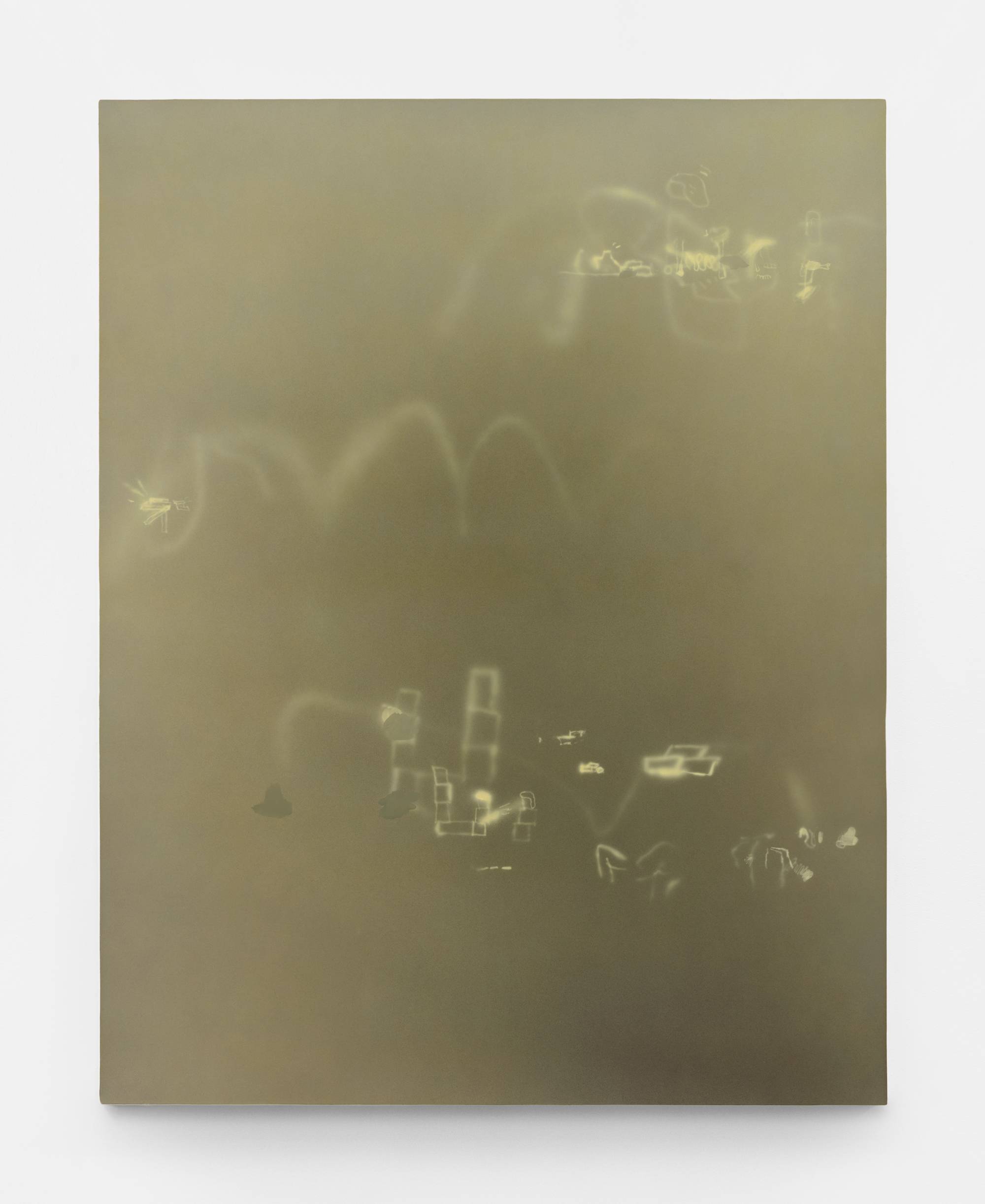 A large abstract painting rendered primarily in a pale green with a series of white, airbrushed marks.
