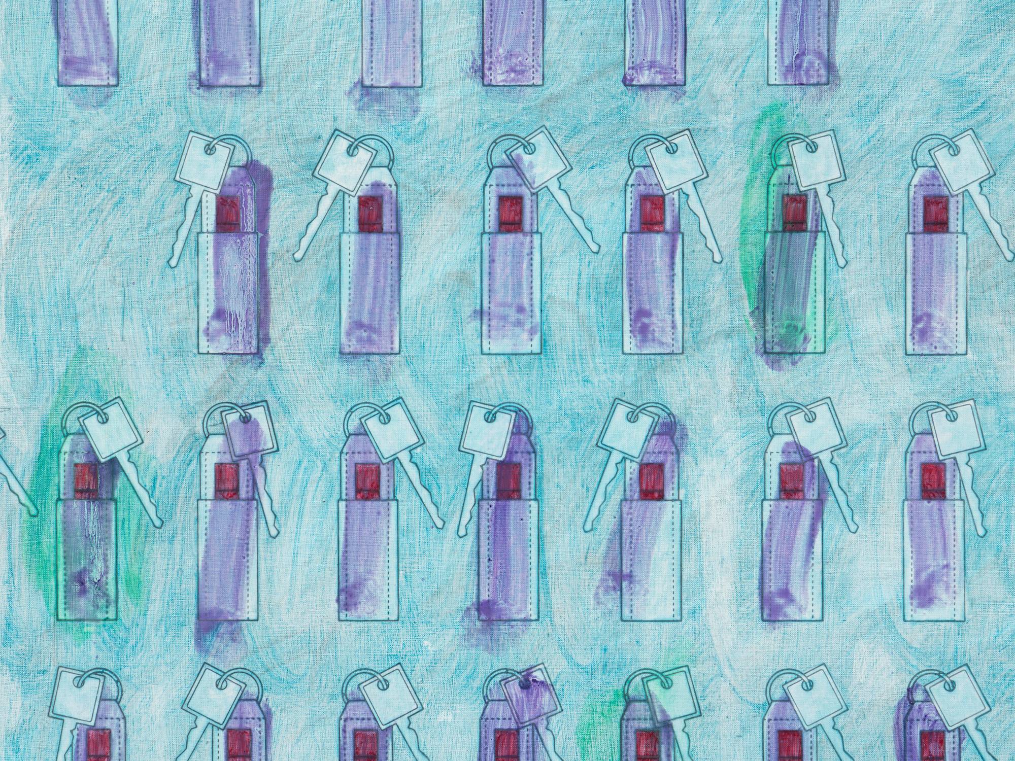 Painting of purple lip balm holder key-chains against a blue background.