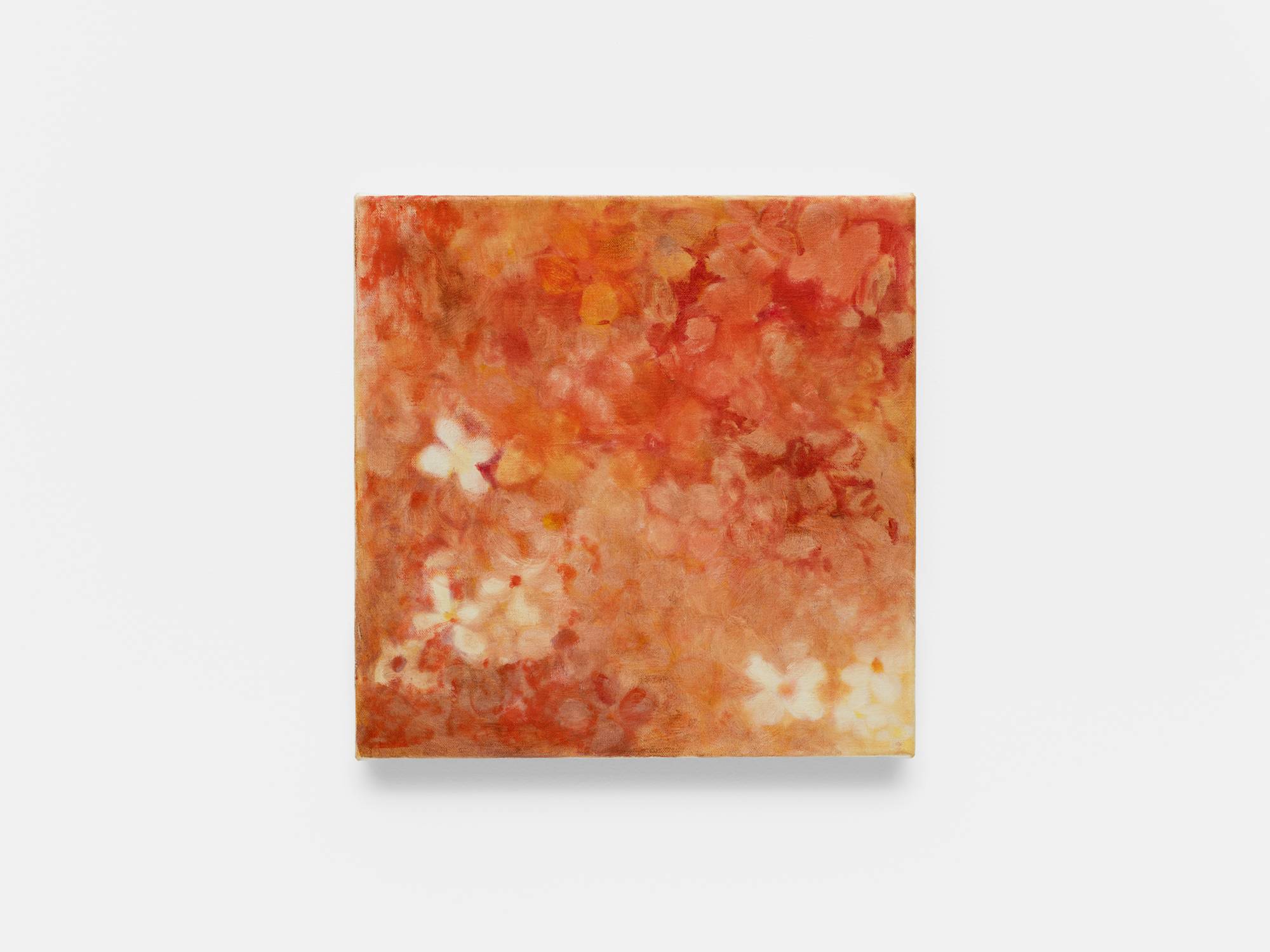 A small abstract painting of flowers in red, orange, and yellow hues.