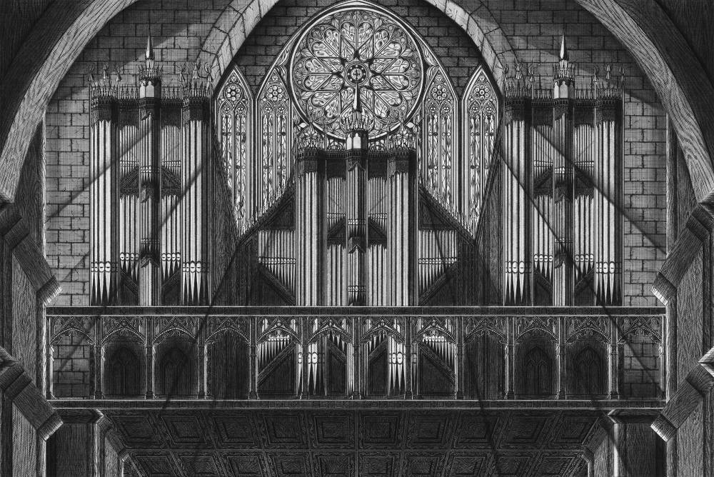 Image of a gothic church with stained glass and a large pipe organ in the center, rendered in pen with crosshatching. 