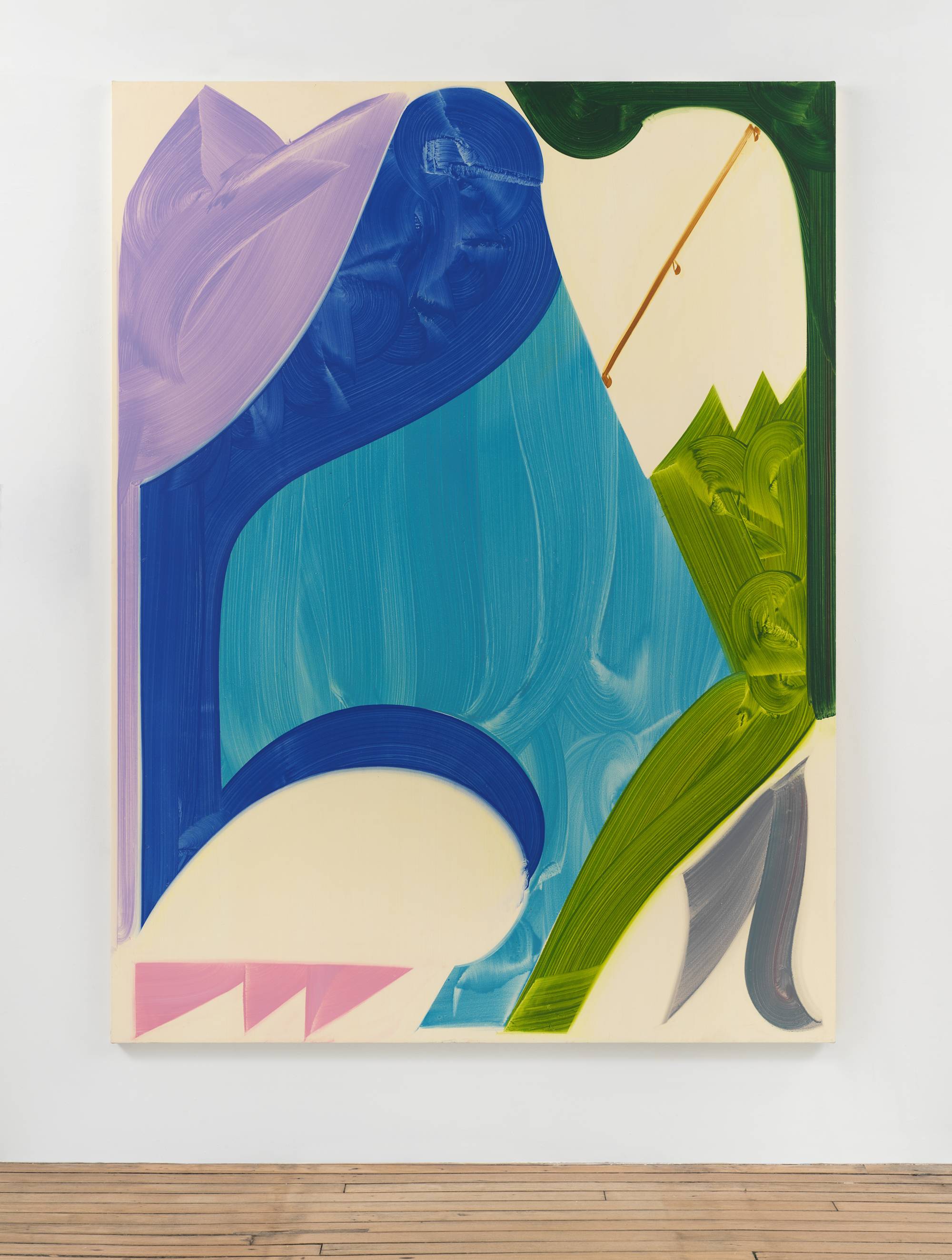 An abstract painting of large, curved shapes with visible brush strokes in blue, green, aqua, grey, gold, violet, and pink against a cream background, hangs on a white wall above a wood floor.