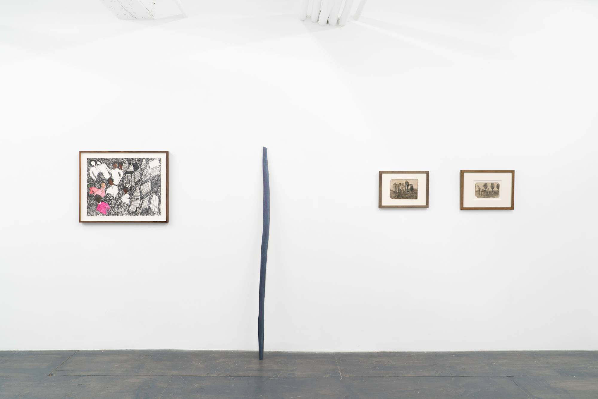 Installation view of gallery wall with two James Castles drawings, a Monique Mouton sculpture, and Beverly Buchanan drawing.