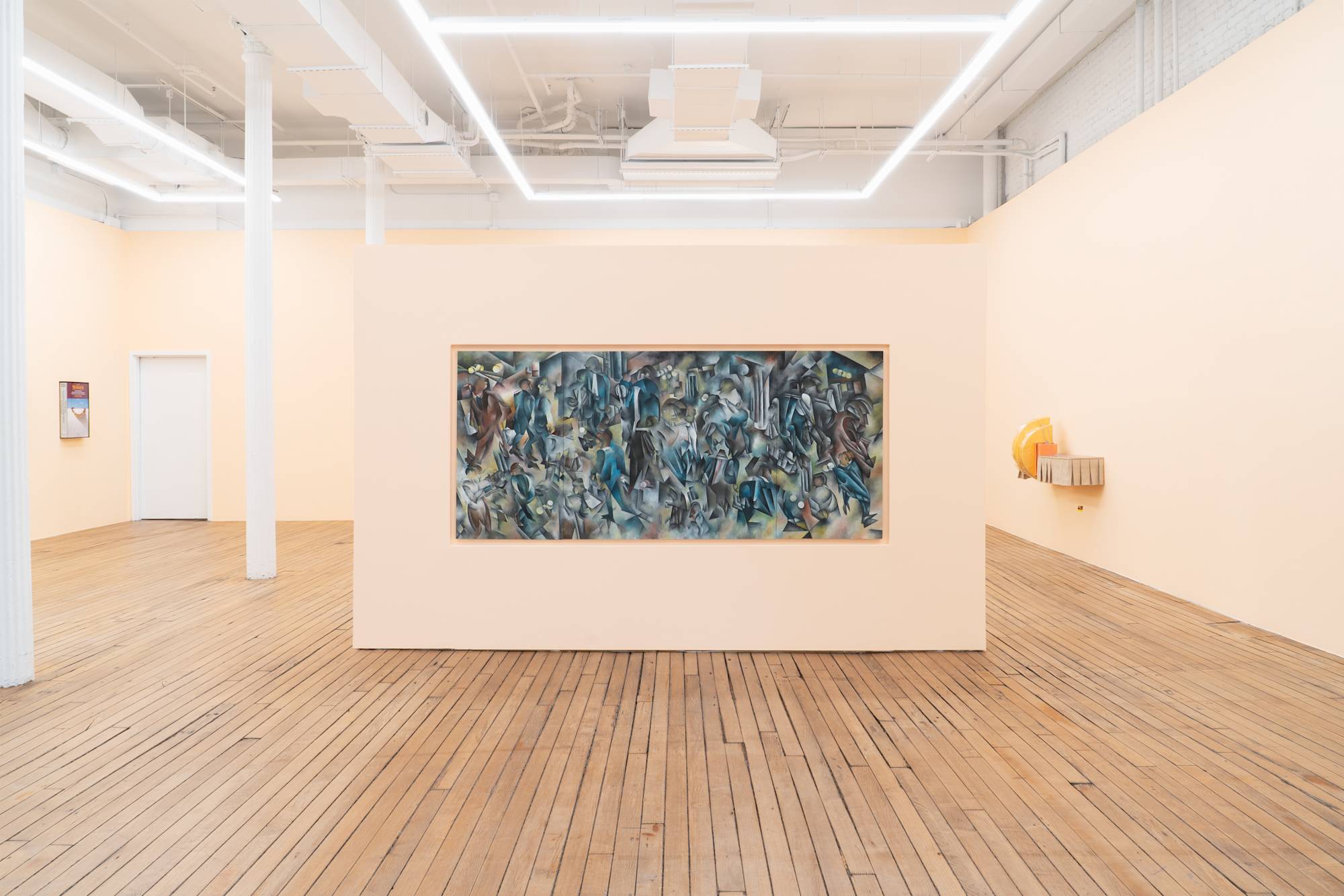 In a large gallery space, an abstract painting hangs along a long horizontal wall.