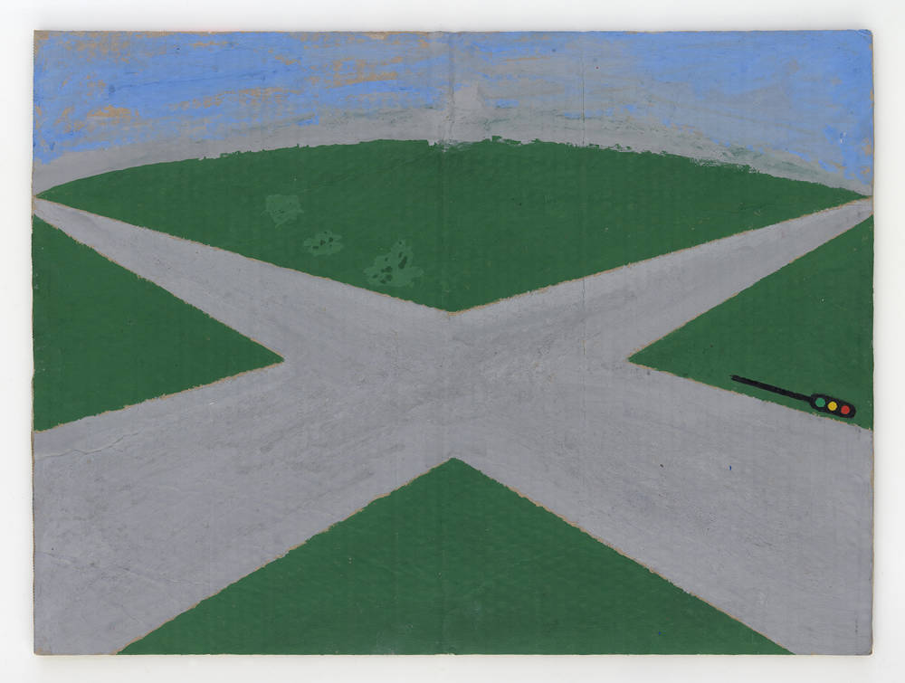 A small drawing a road crossing with a cartoon-like stop light. The road is painted in gray with the x-crossing surrounded be green grass an a blue sky. The work is painted on cardboard.