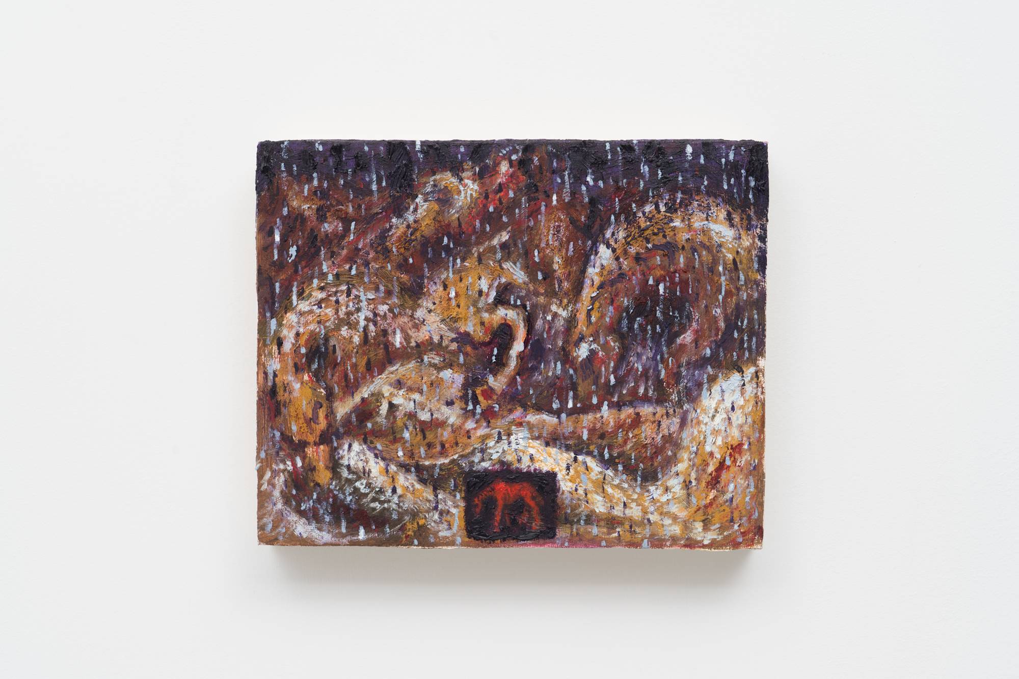 A small abstract painting of golden horses fading in and out of a rainy purple background. At the center of the bottom of the frame, a red horse stands in a small black square.
