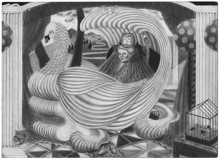 Graphite drawing by Kyung-Me showing a woman and a humanoid cat sitting together in a large chair that is sculpted like a swan.