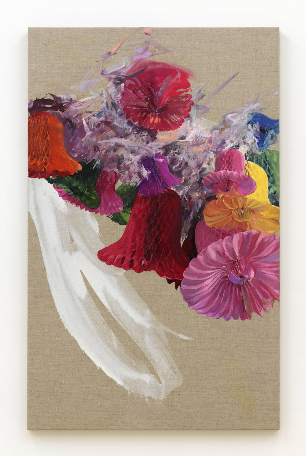 A vertical painting depicting numerous bell shaped flowers in a range of bright pinks, reds, yellows, and blues. There is a large gestural mark in the white. The ground of the painting is raw canvas. 