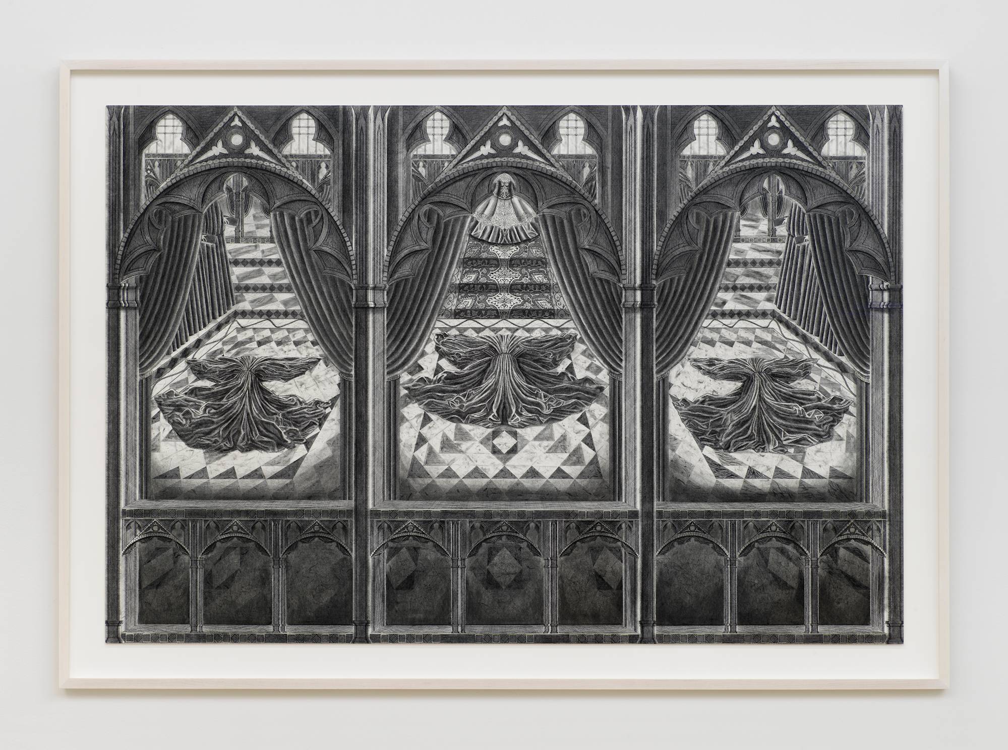 A detailed ink and charcoal drawing depicting a complex interior space with multiple rooms in a white frame.