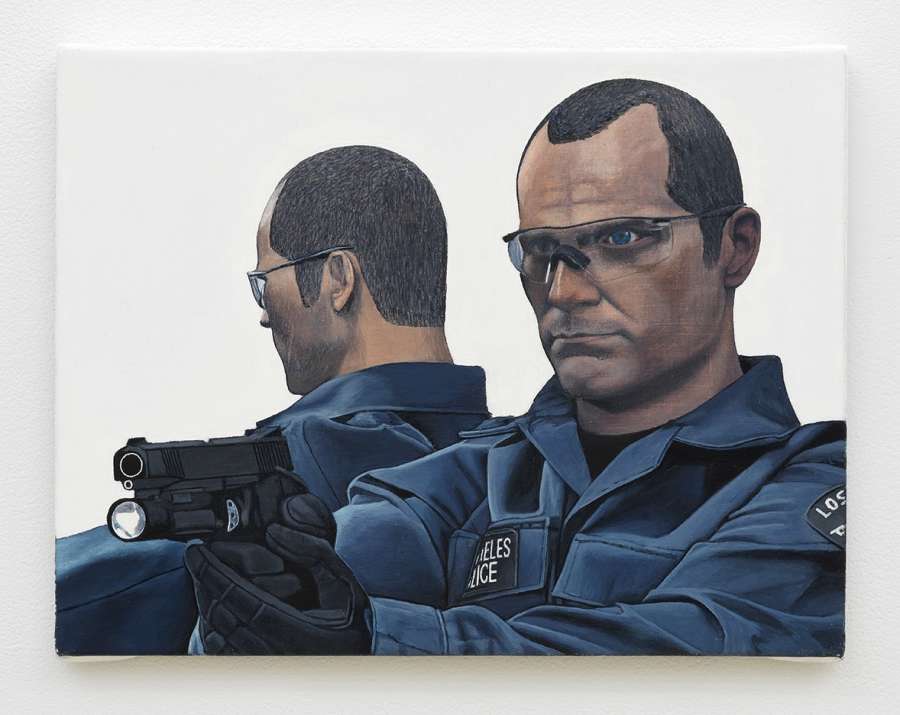 Oil on canvas painting depicting a figurine of a white male police officer wearing glasses and pointing a gun towards something not pictured, with the back of the figurine reflected in a mirror behind it.