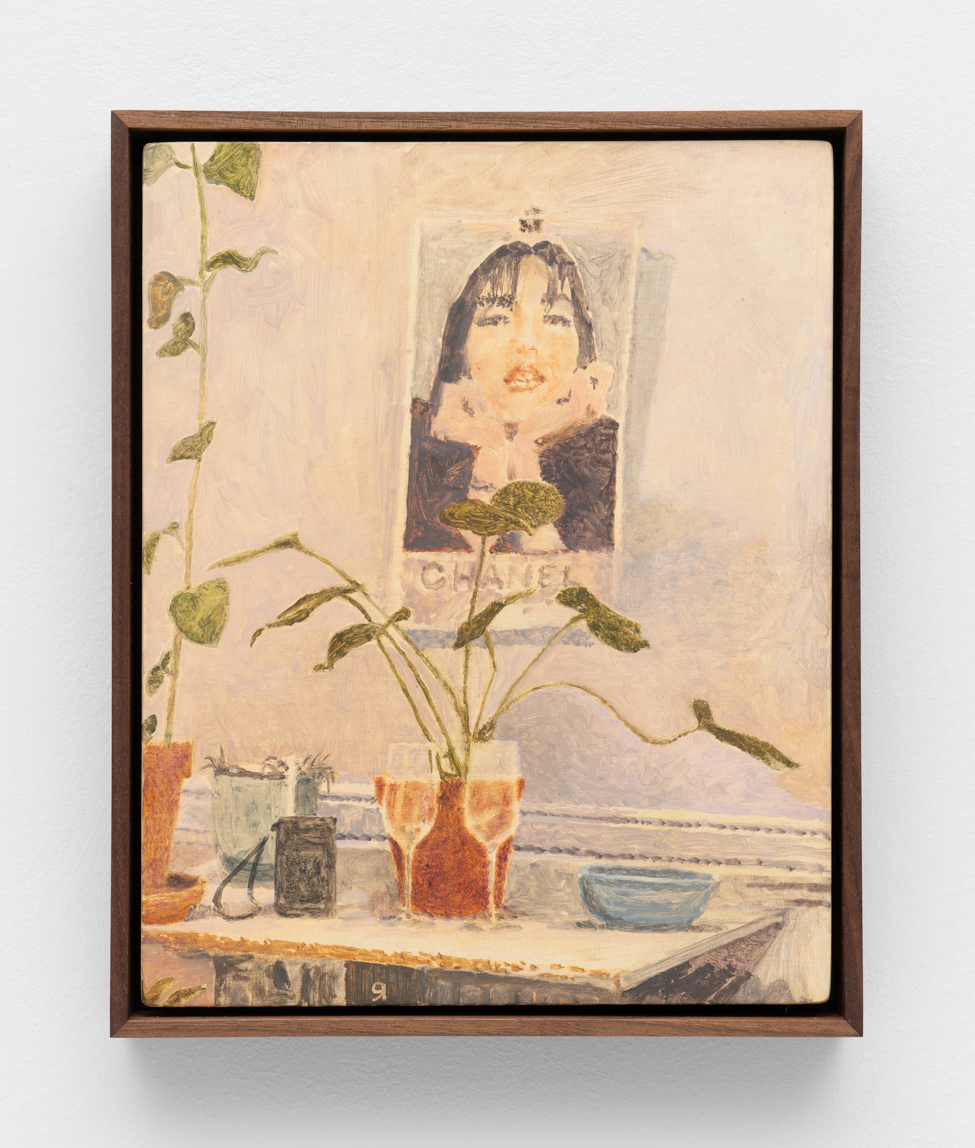 A small, dark wood framed painting of an apartment interior featuring two full champagne flutes on a table, plants, and a Chanel poster.