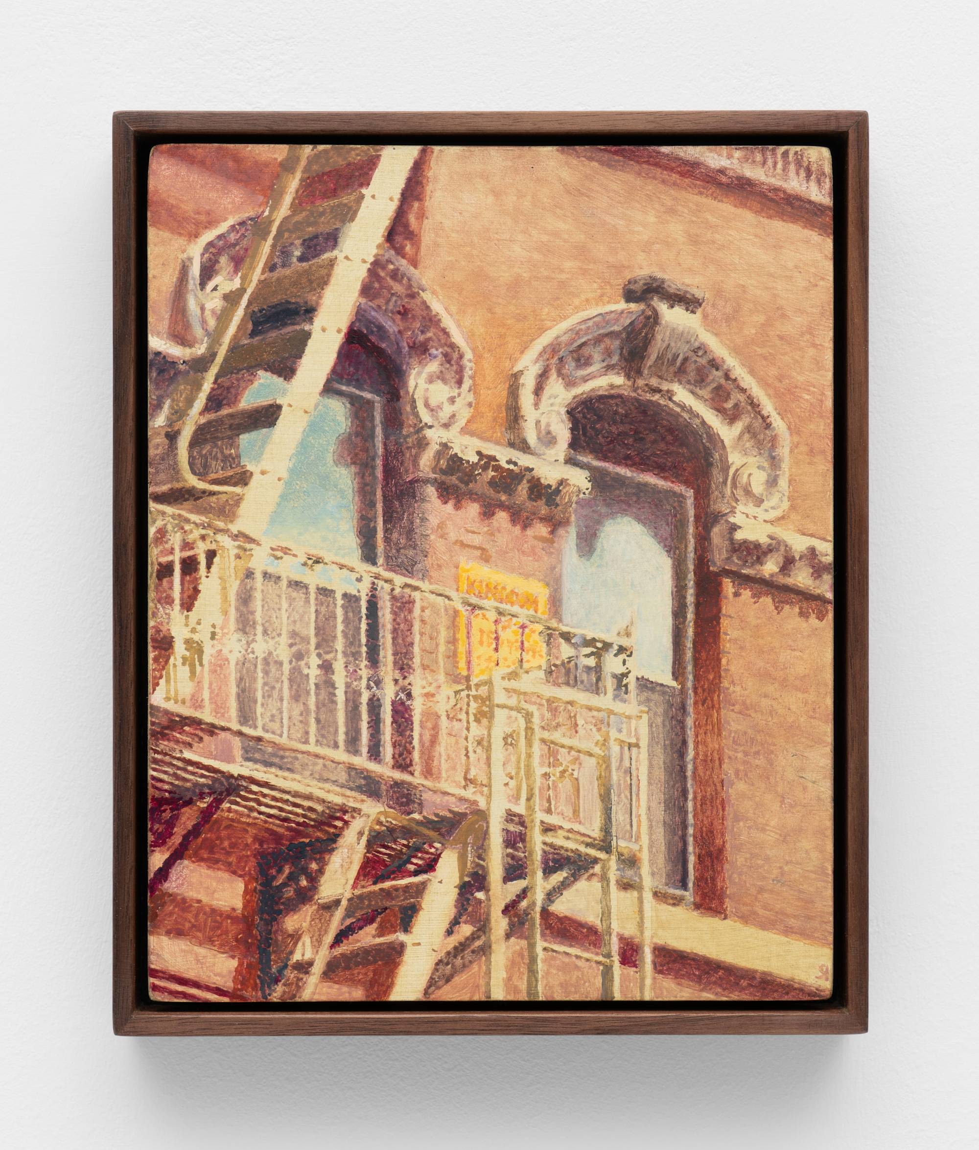 A small, dark wood framed, painting of a cropped view of a fire escape in Chinatown NYC hangs on a white wall.