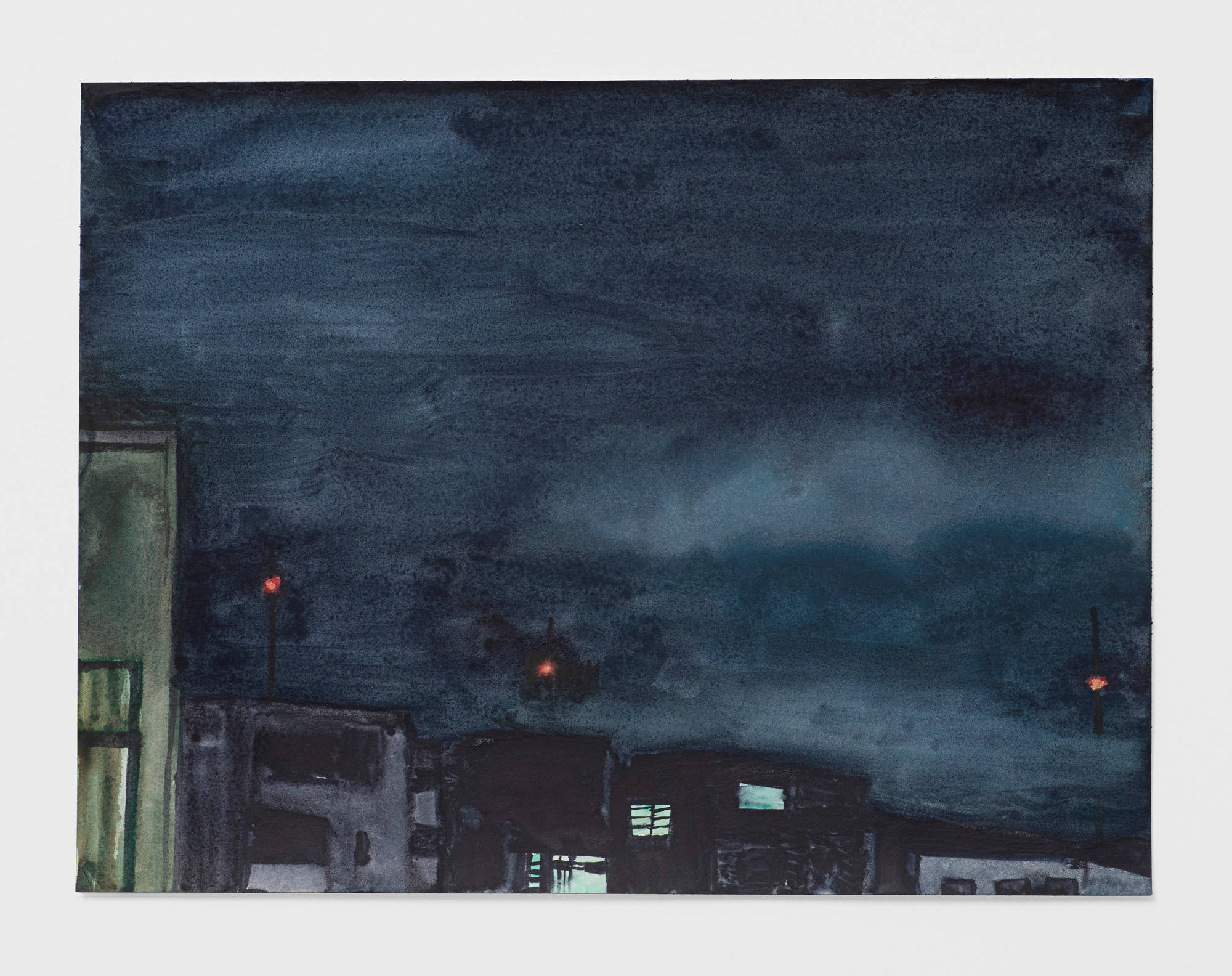 A watercolor on paper depicts a city skyline at night. The sky is a dark blue. Three red lights protrude from the buildings' rooftops.