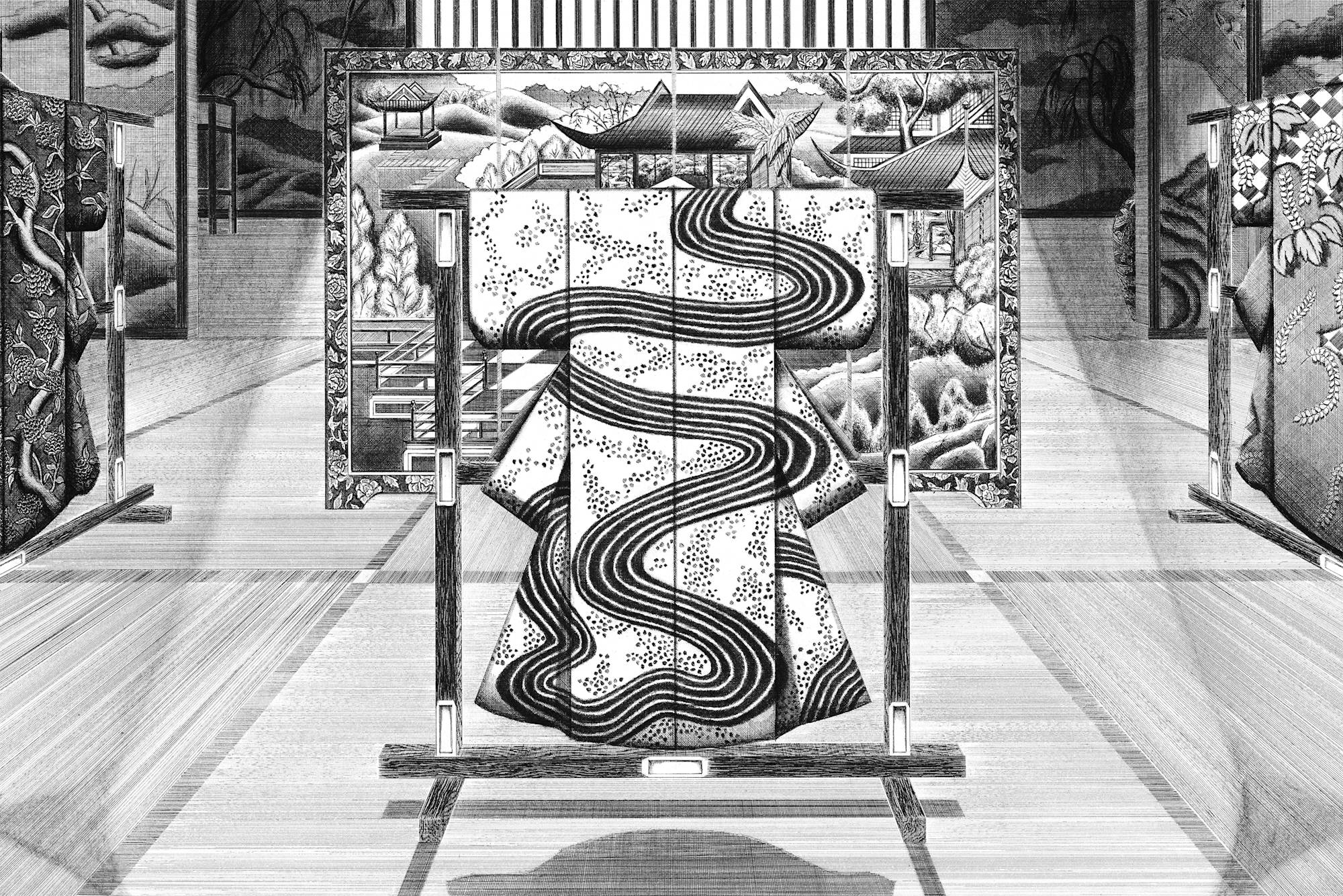 Image of a kimono rendered in black and white pen, shading with crosshatching.