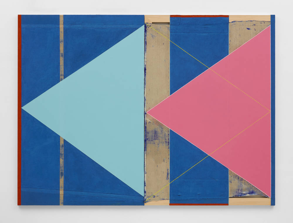 A large abstract painting dominated by two large triangles. The dominant forms are surrounded by other geometric blocks of color. The primary colors are shades of dark-blue and pink. There are areas of raw canvas on the right side of the composition. The paint is thickly applied in areas and rough. 